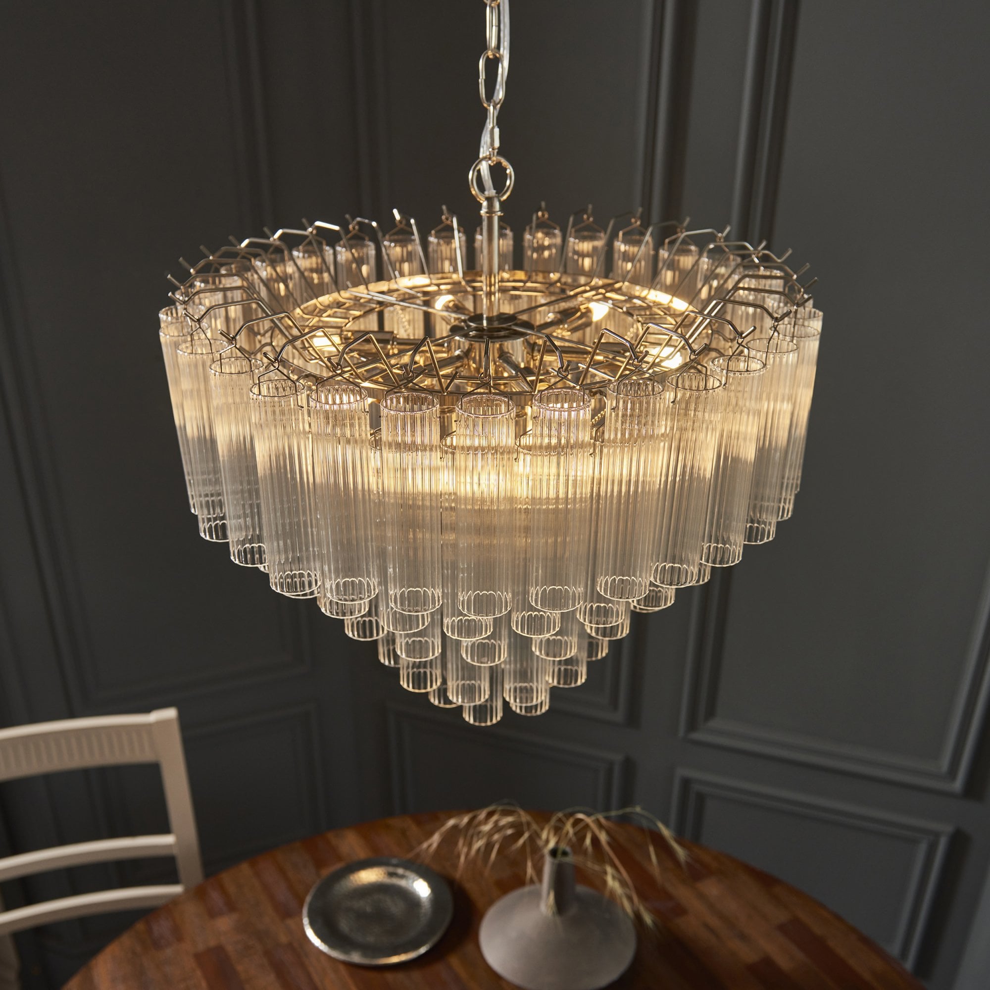 Endon Toulouse 12 Light Pendant - Bright Nickel Plate & Clear Ribbed Glass