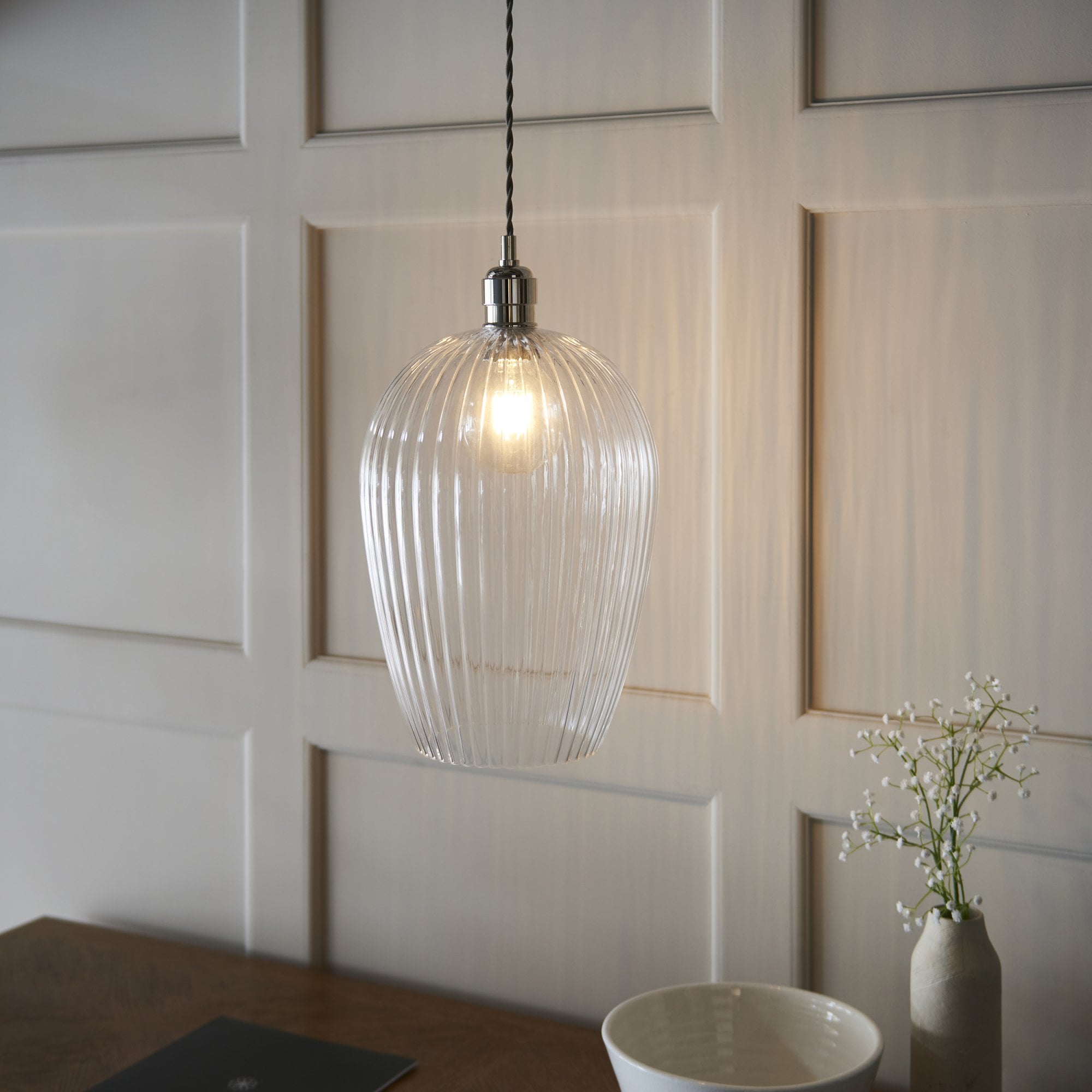 Utopia Finesse Large Single Pendant - Bright Nickel Plate & Clear Ribbed Glass