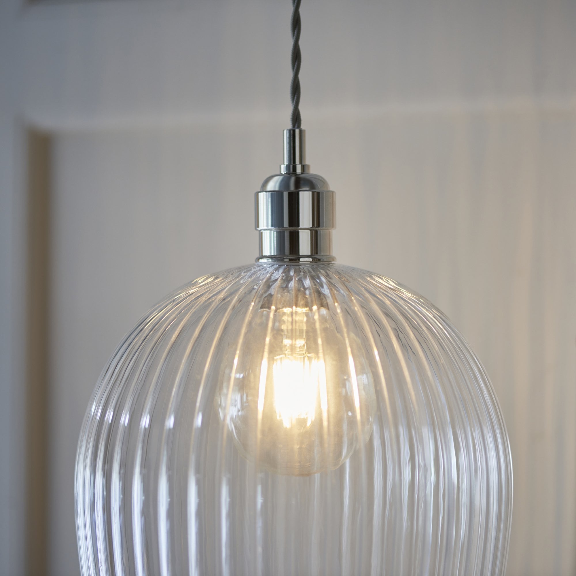Utopia Finesse Large Single Pendant - Bright Nickel Plate & Clear Ribbed Glass