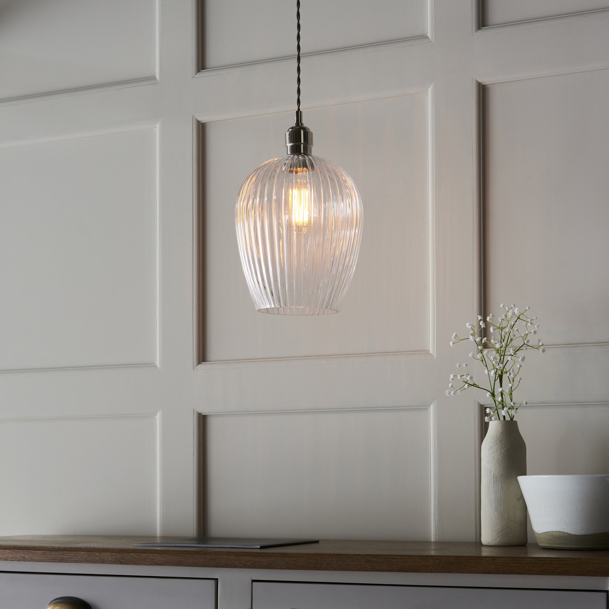 Utopia Finesse Small Single Pendant - Bright Nickel Plate & Clear Ribbed Glass