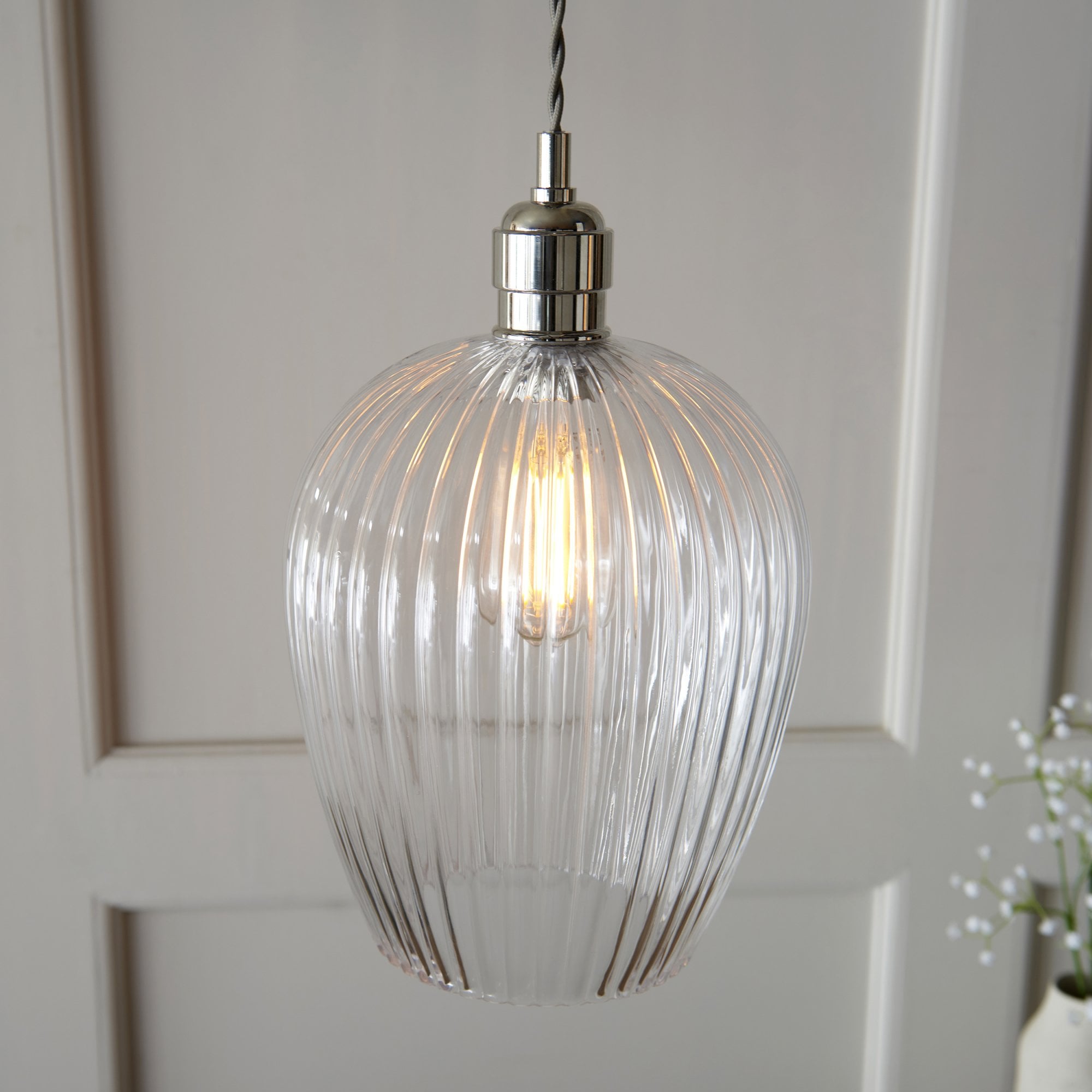 Utopia Finesse Small Single Pendant - Bright Nickel Plate & Clear Ribbed Glass