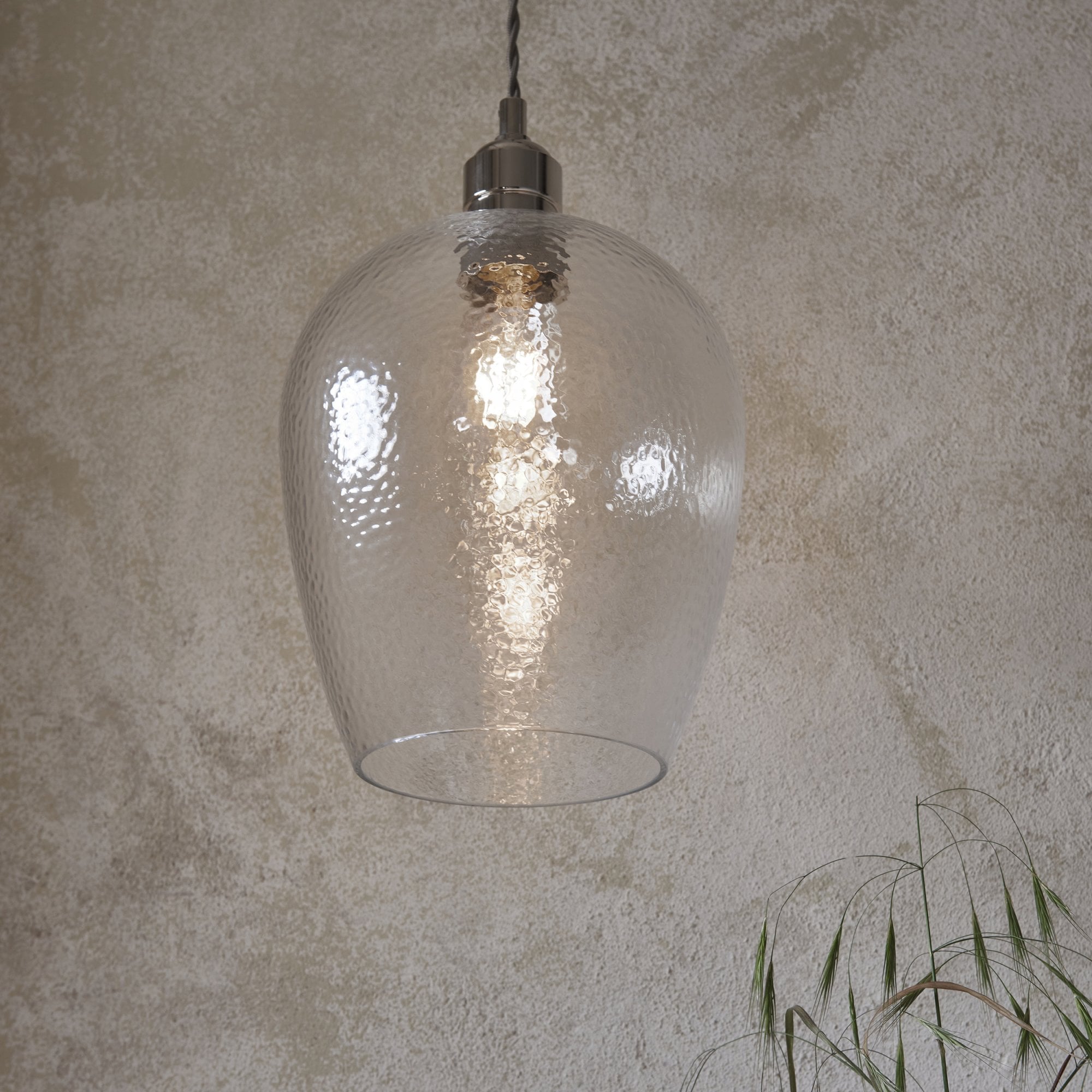 Utopia Finesse Small Single Pendant - Bright Nickel Plate & Clear Hammered Glass