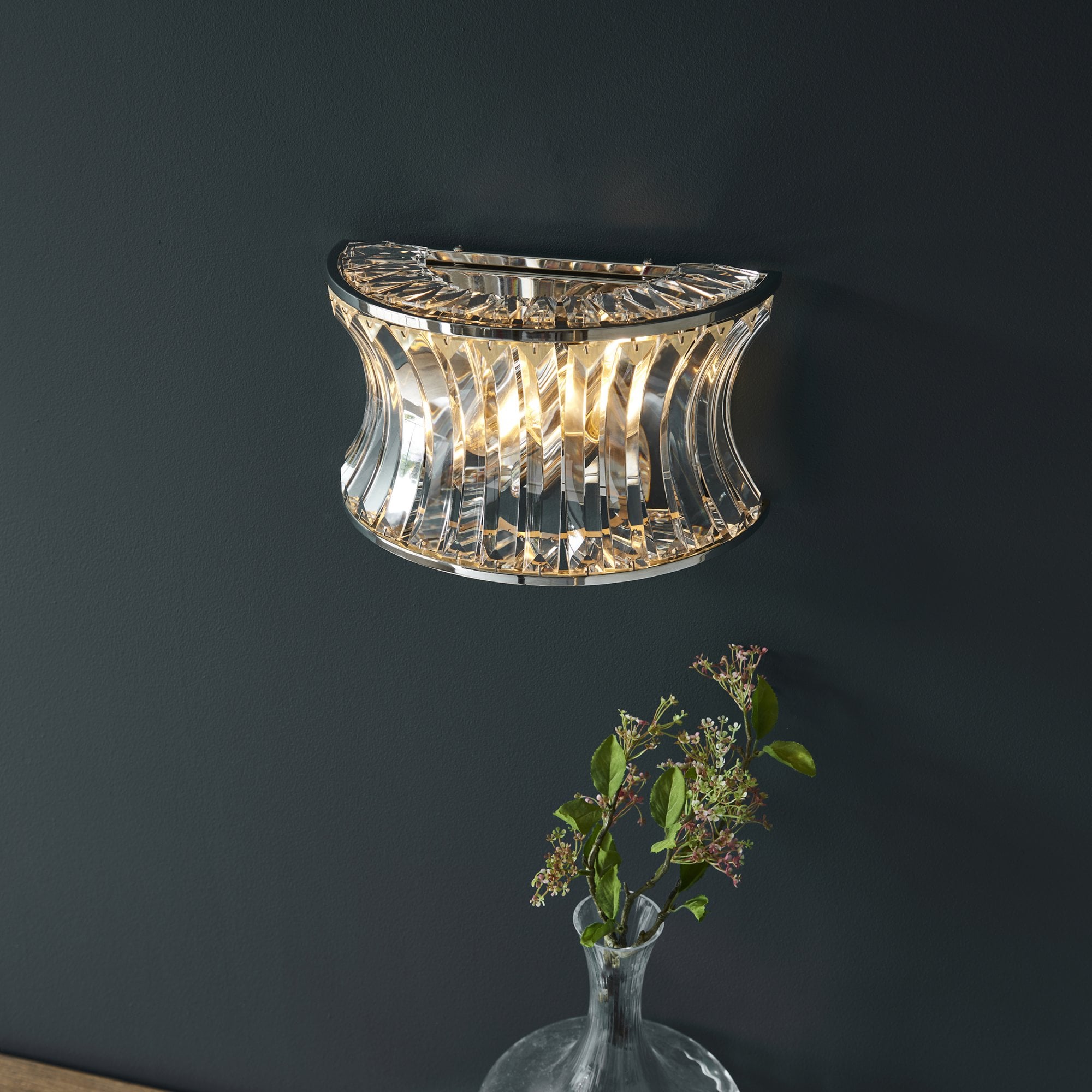 Utopia Bow 2 Light Wall Light - Bright Nickel Plate with Crystal & Clear Glass