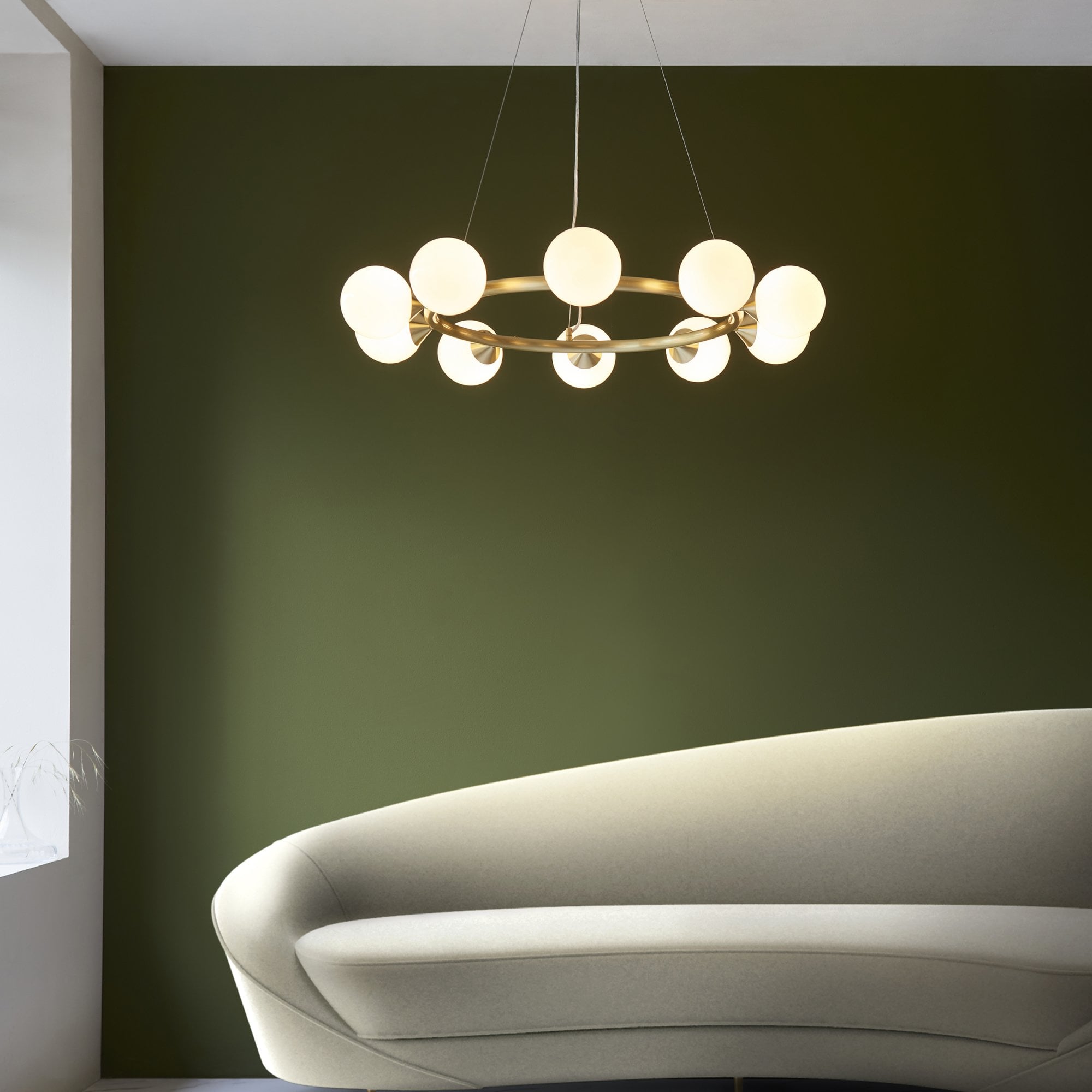 Utopia Lustre 10 Light Ring Pendant - Satin Brass Plate & Gloss White Glass