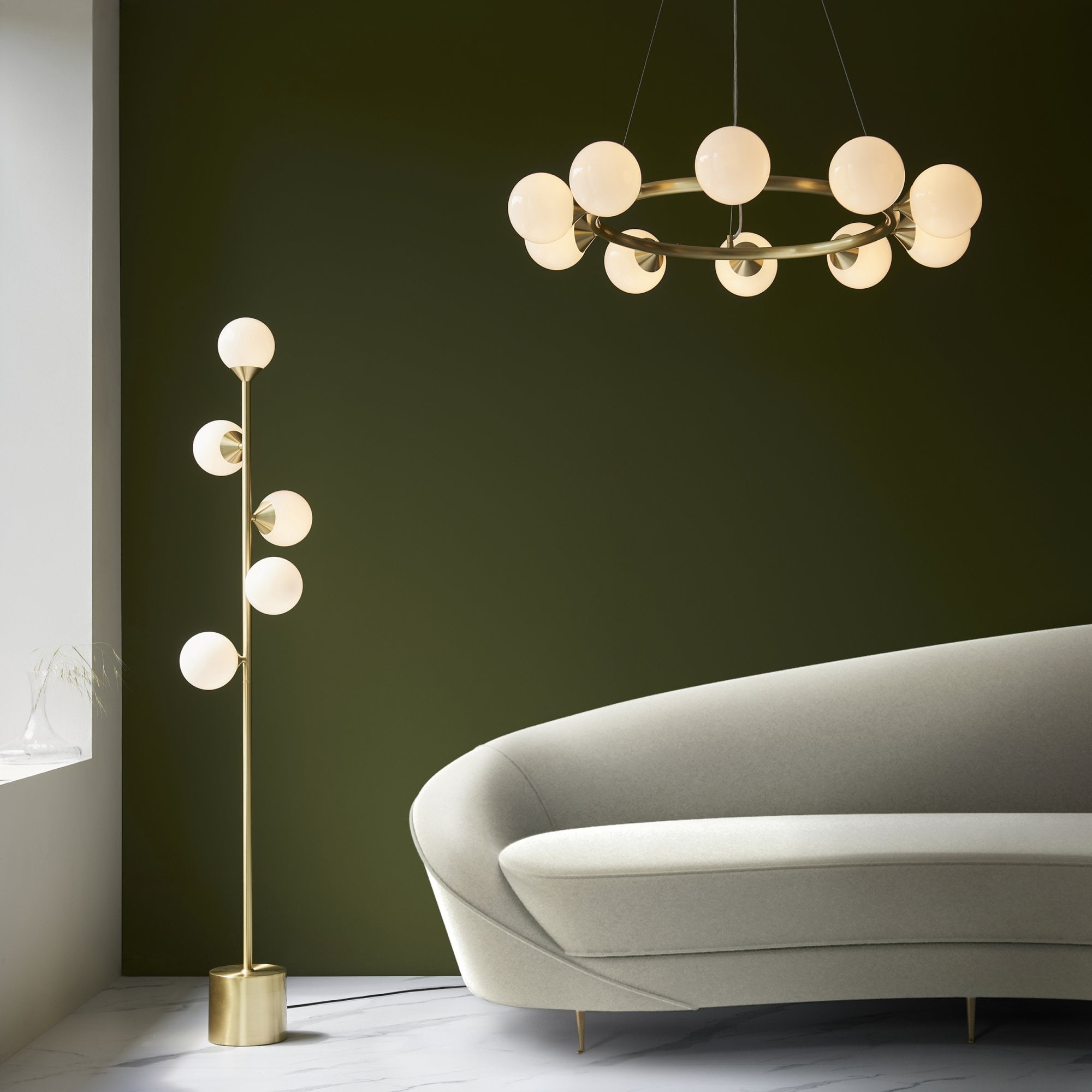 Utopia Lustre 10 Light Ring Pendant - Satin Brass Plate & Gloss White Glass