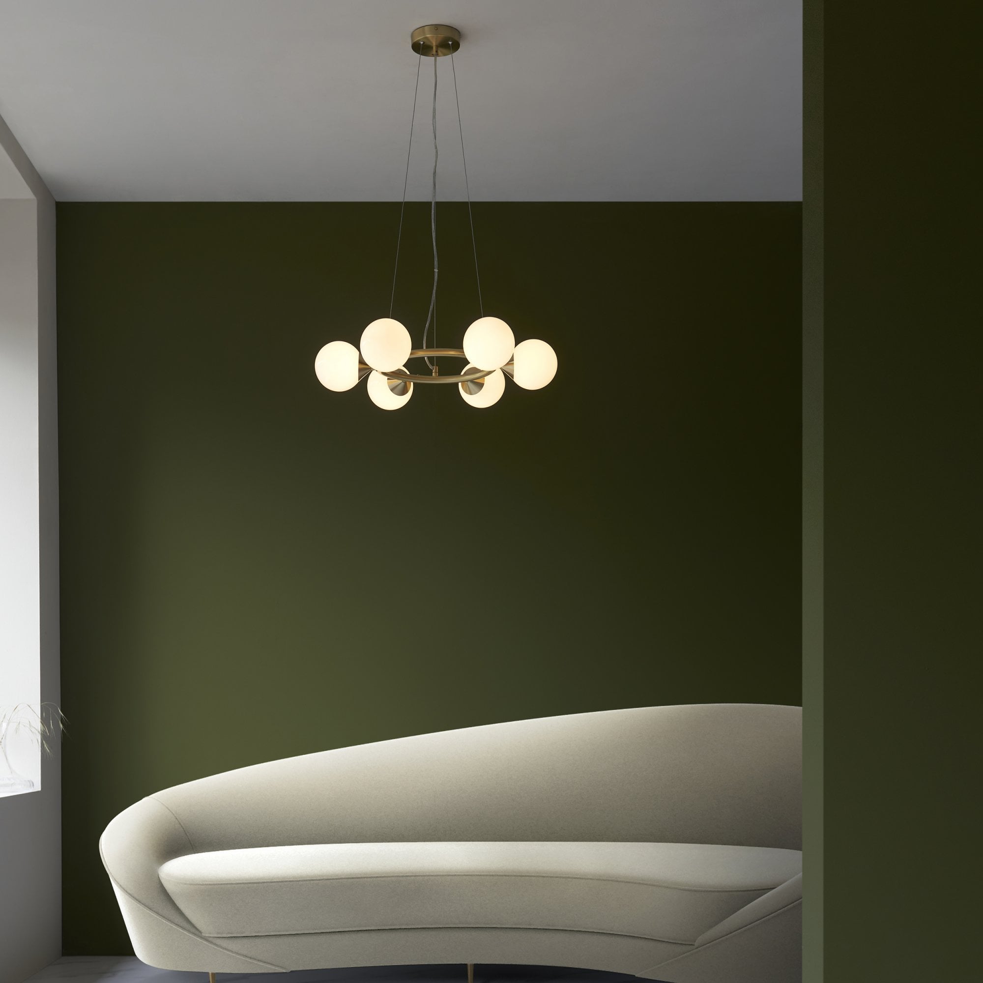 Utopia Lustre 6 Light Ring Pendant - Satin Brass Plate & Gloss White Glass