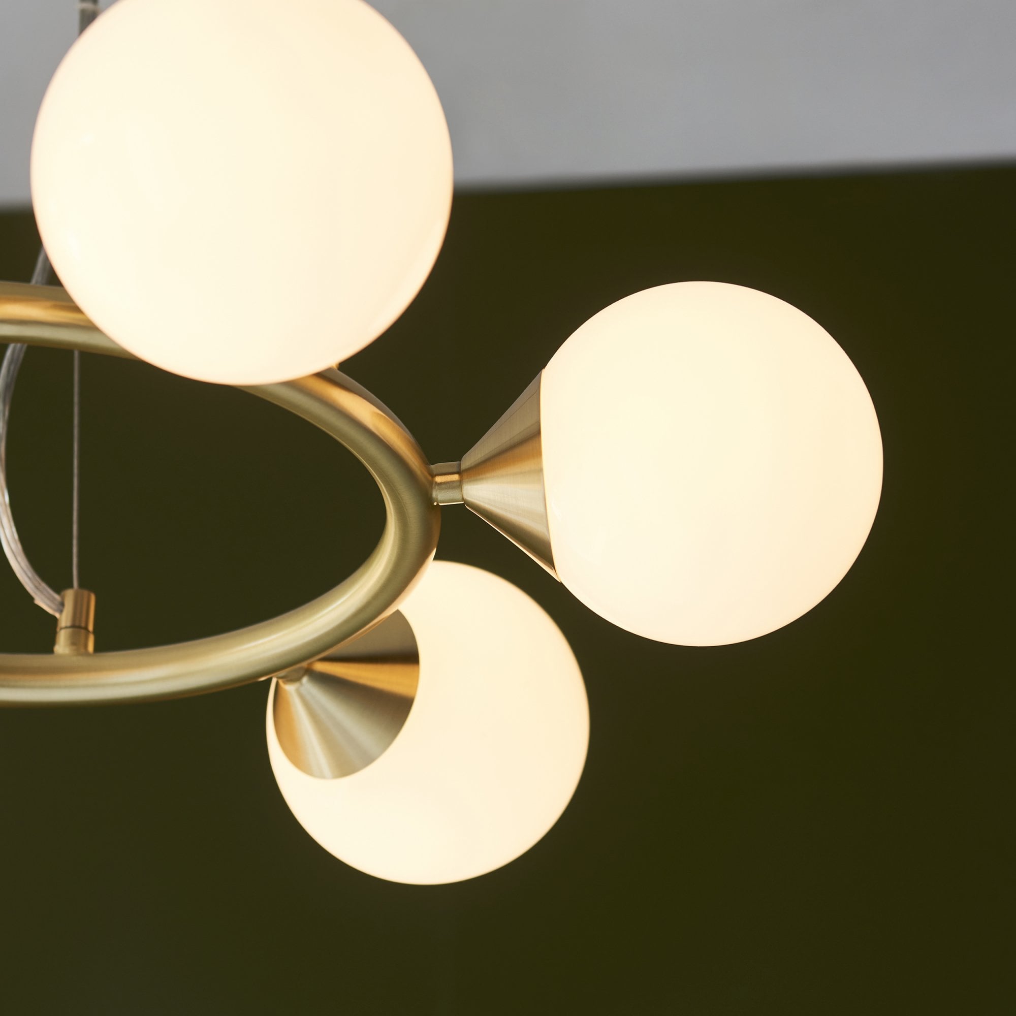 Utopia Lustre 6 Light Ring Pendant - Satin Brass Plate & Gloss White Glass