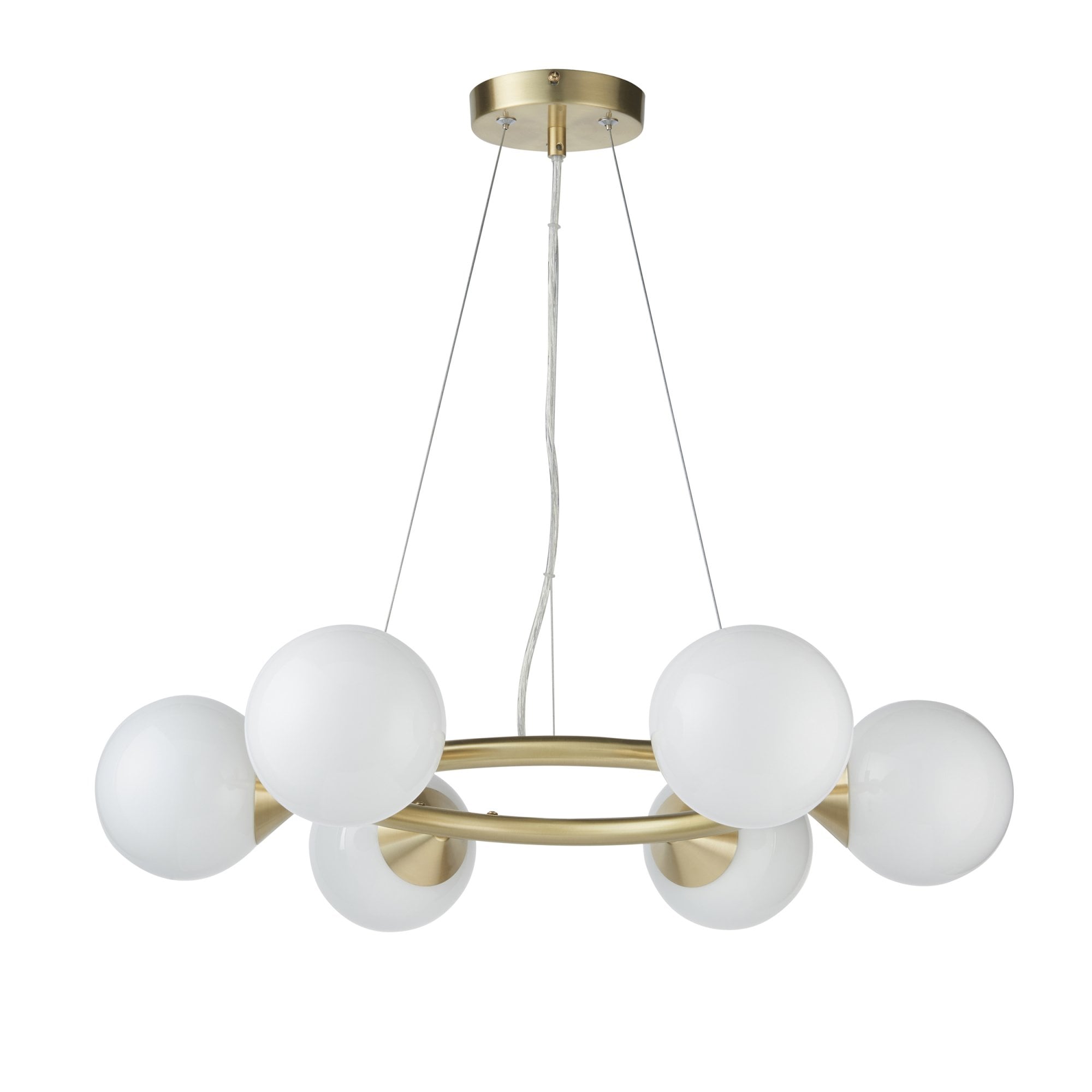 Utopia Lustre 6 Light Ring Pendant - Satin Brass Plate & Gloss White Glass