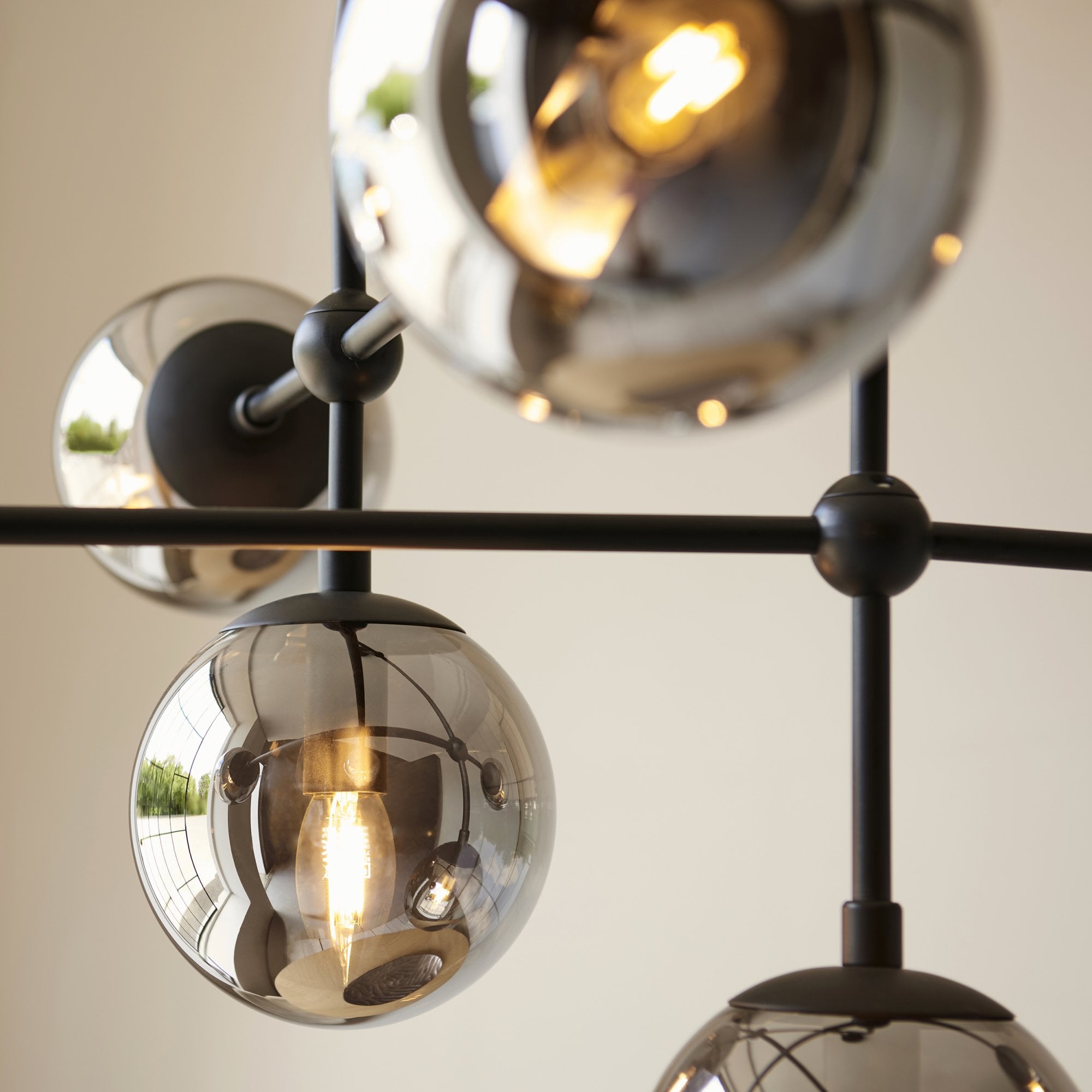 Utopia Sphere 6 Light Semi-Flush Fitting - Matt Black & Smoked Mirror Glass