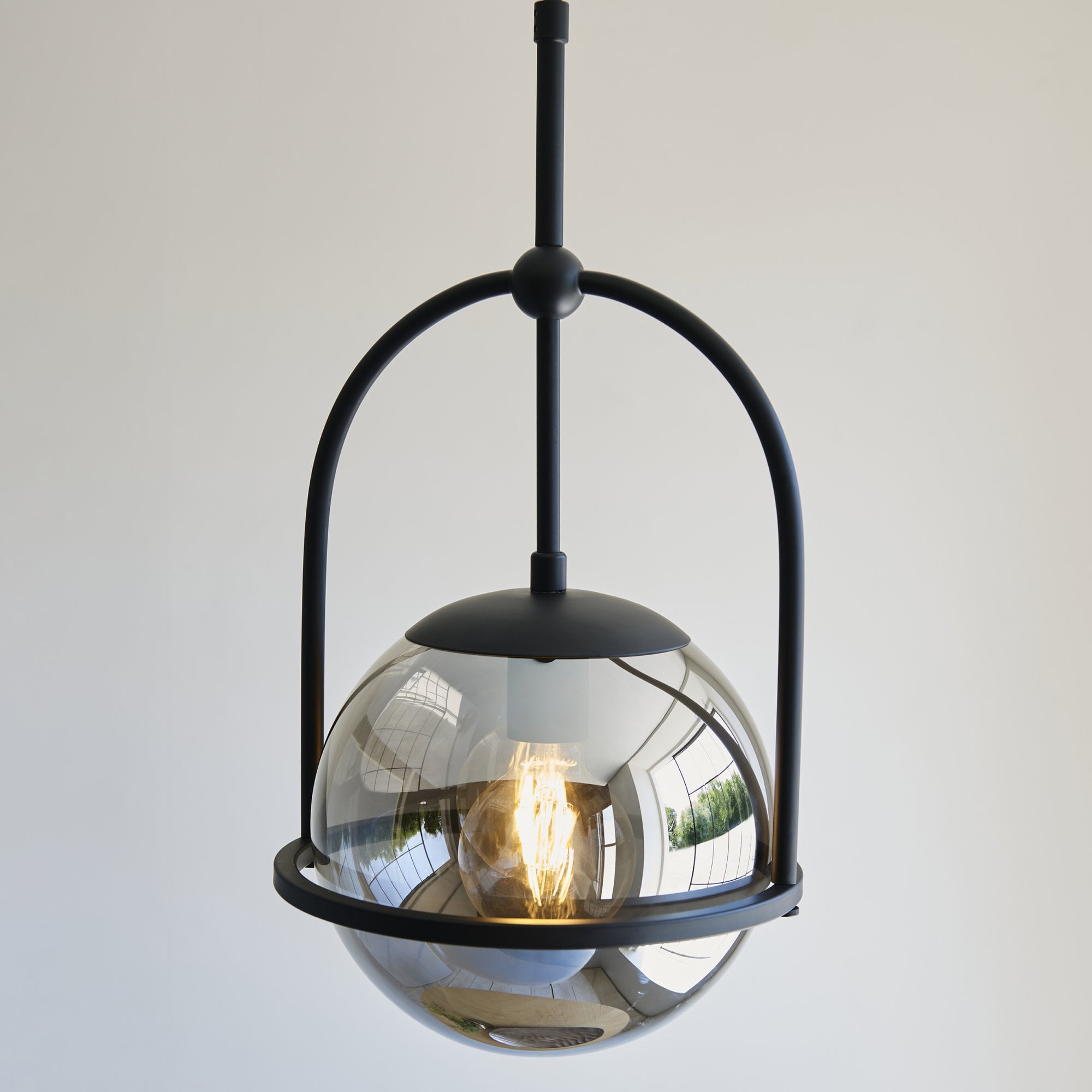 Utopia Sphere Single Pendant - Matt Black & Smoked Mirror Glass