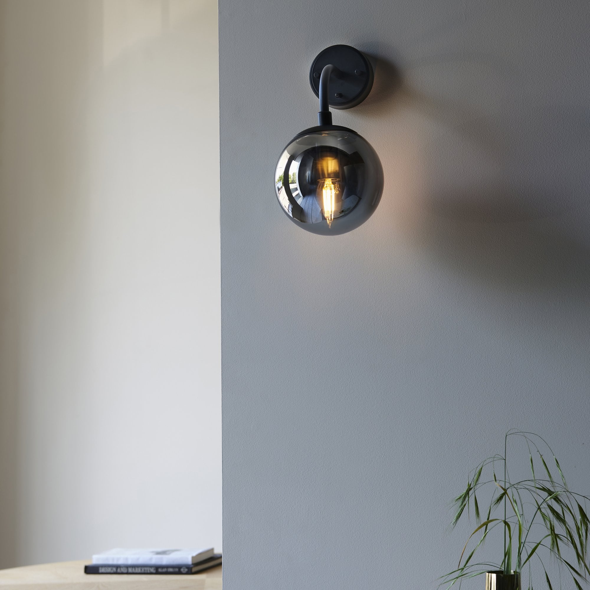 Utopia Sphere Single Wall Light - Matt Black & Smoked Mirror Glass