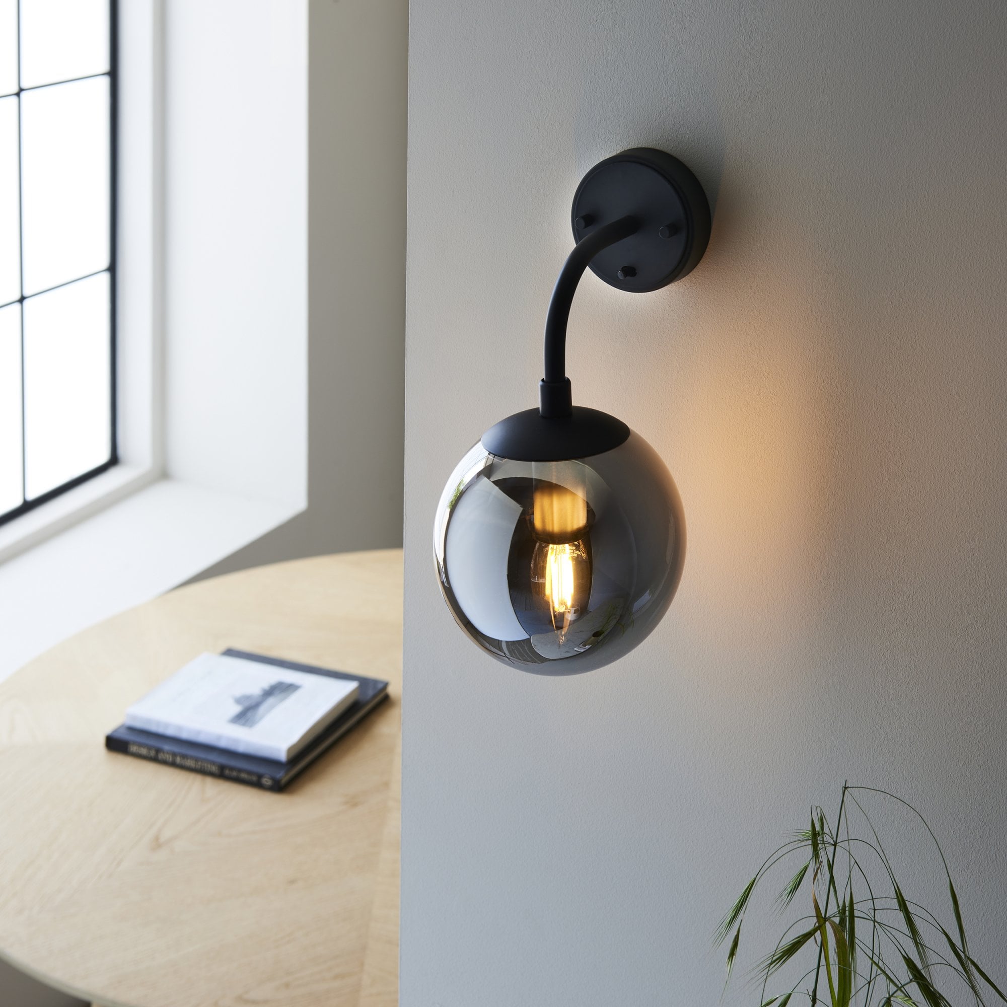 Utopia Sphere Single Wall Light - Matt Black & Smoked Mirror Glass