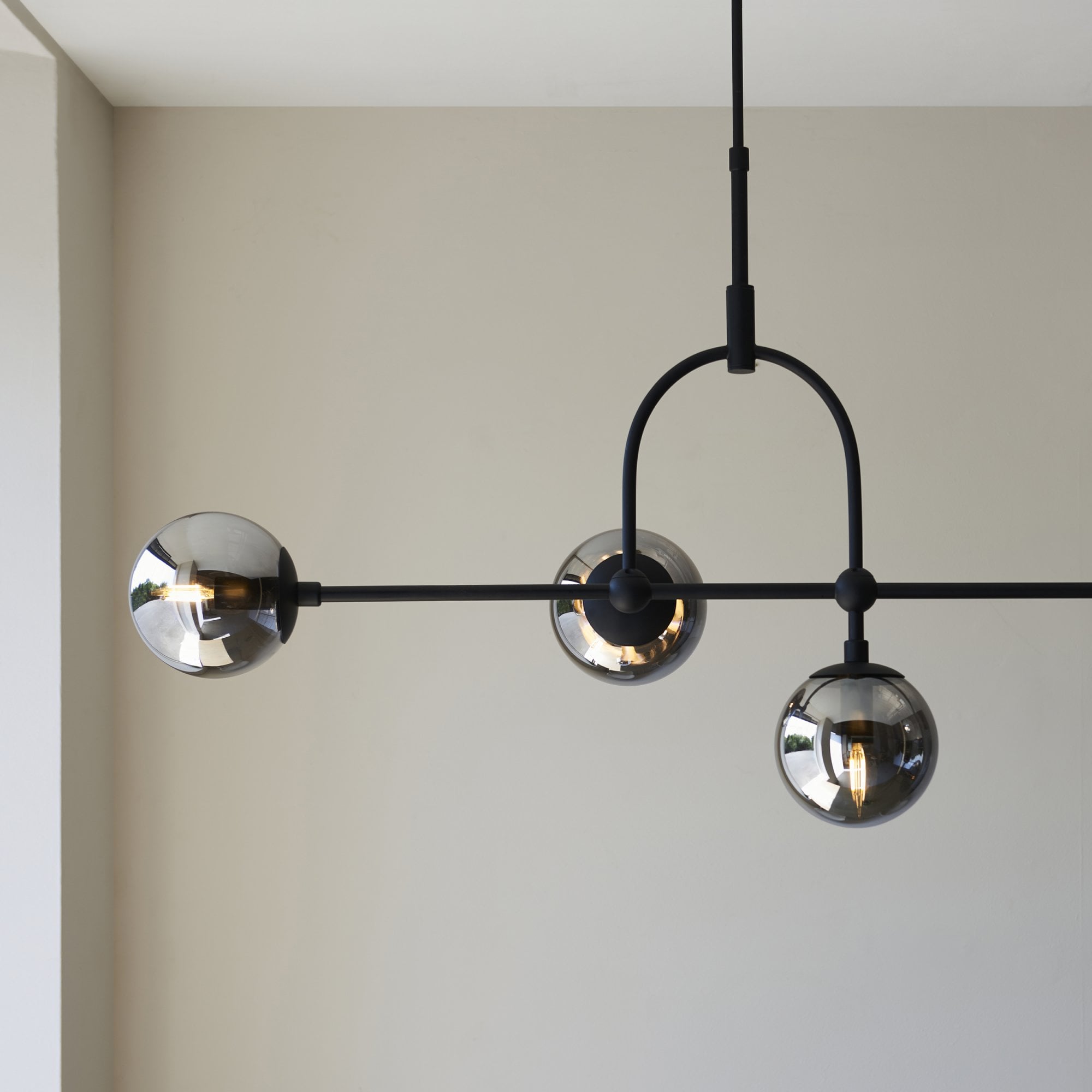 Utopia Sphere 5 Light Linear Pendant - Matt Black & Smoked Mirror Glass