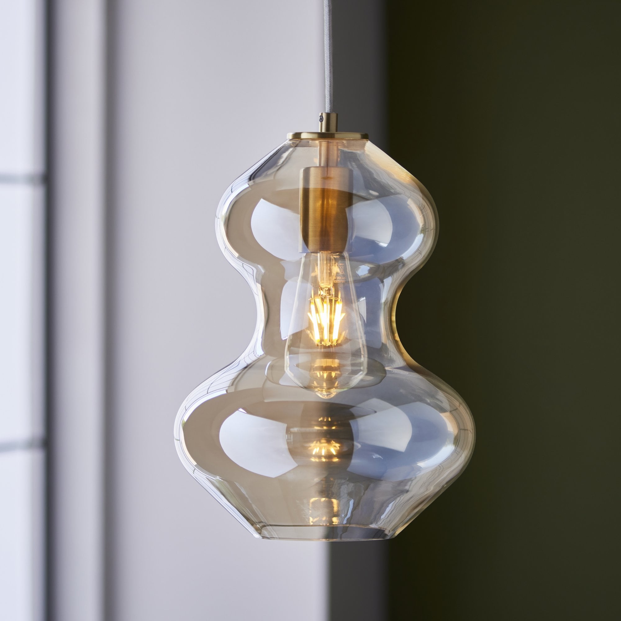 Endon Kelda Shaped Single Pendant - Satin Brass Plate & Champagne Lustre Glass