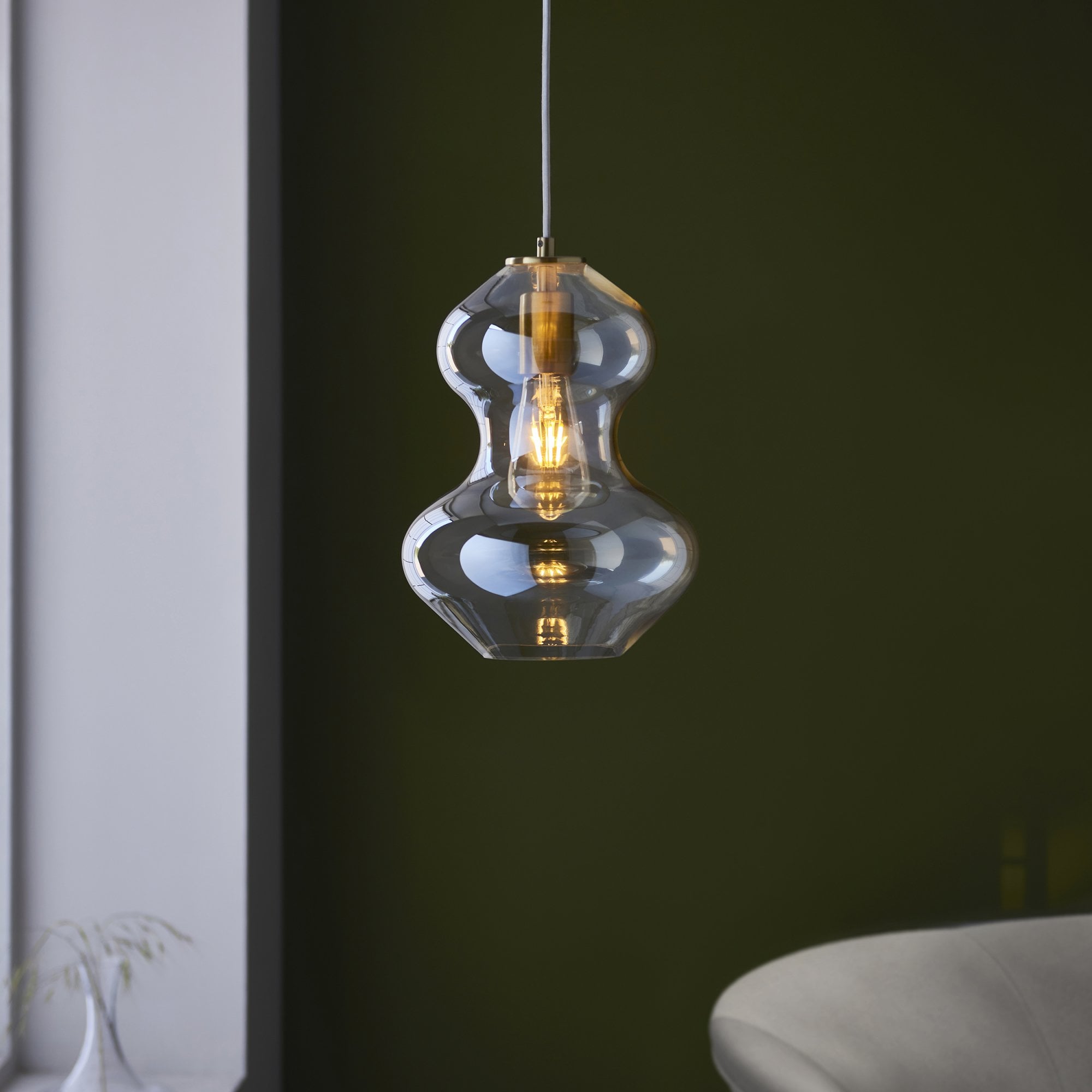 Endon Kelda Shaped Single Pendant - Satin Brass Plate & Champagne Lustre Glass