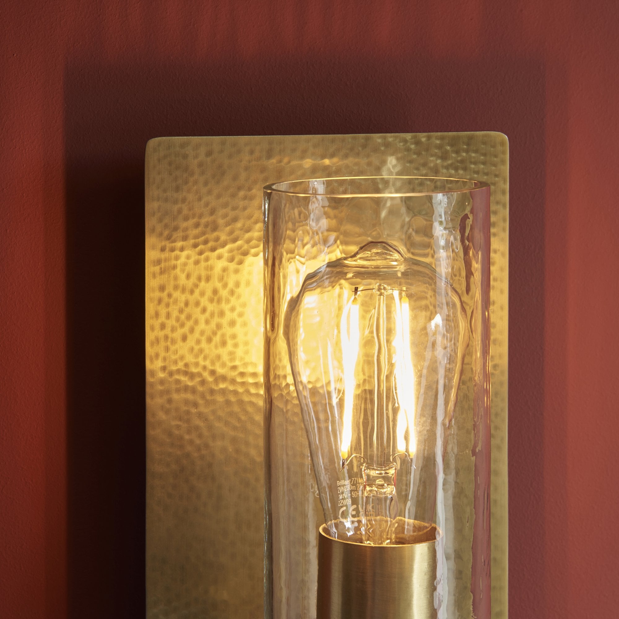 Utopia Swirl Single Wall Light - Hammered Brass Plate & Textured Clear Glass