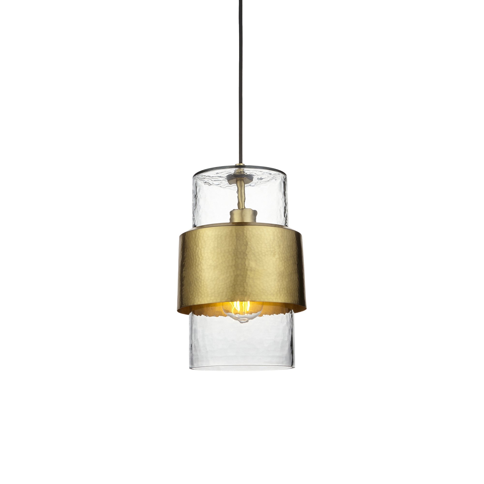 Utopia Swirl Single Pendant - Hammered Brass Plate & Textured Clear Glass
