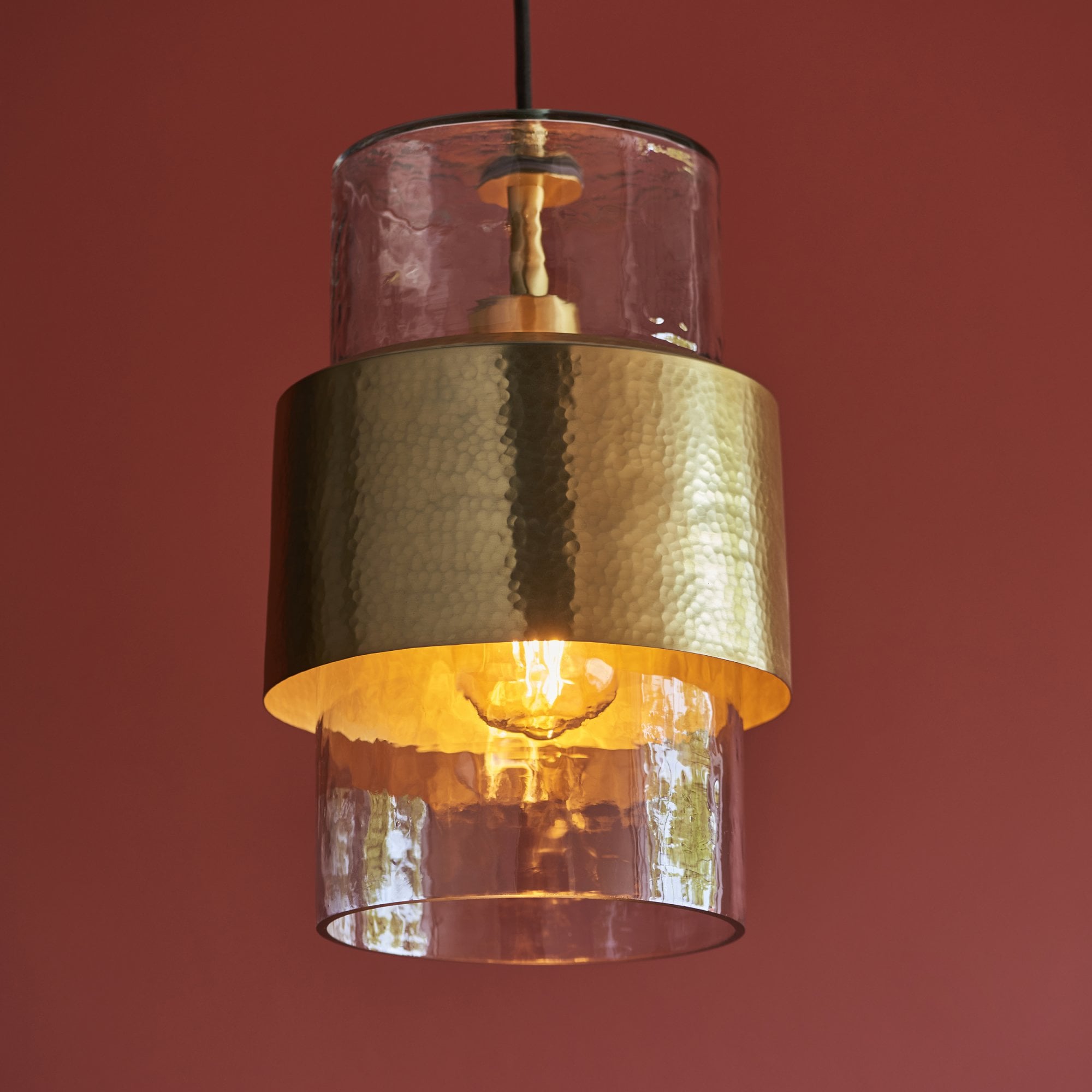 Utopia Swirl Single Pendant - Hammered Brass Plate & Textured Clear Glass