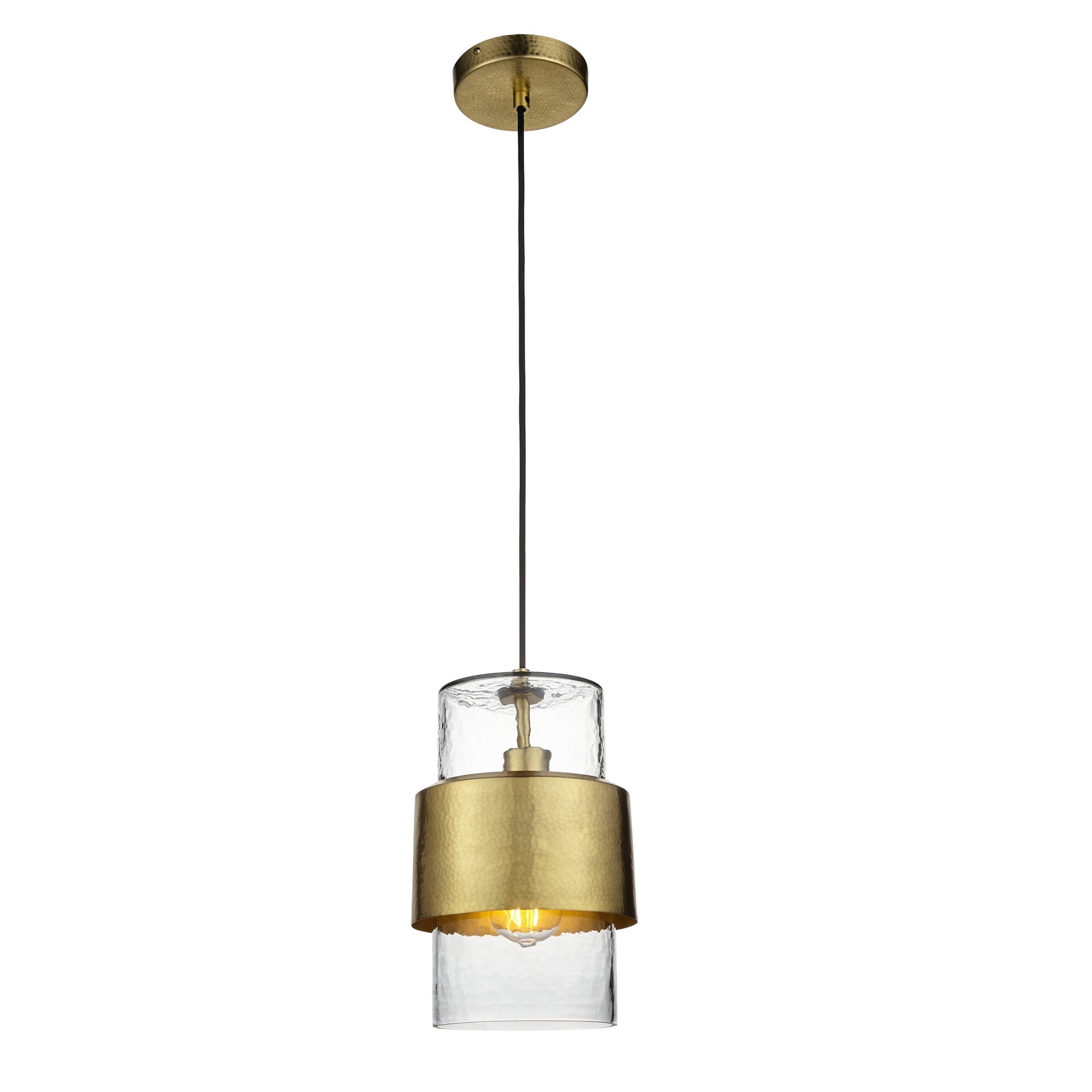 Utopia Swirl Single Pendant - Hammered Brass Plate & Textured Clear Glass