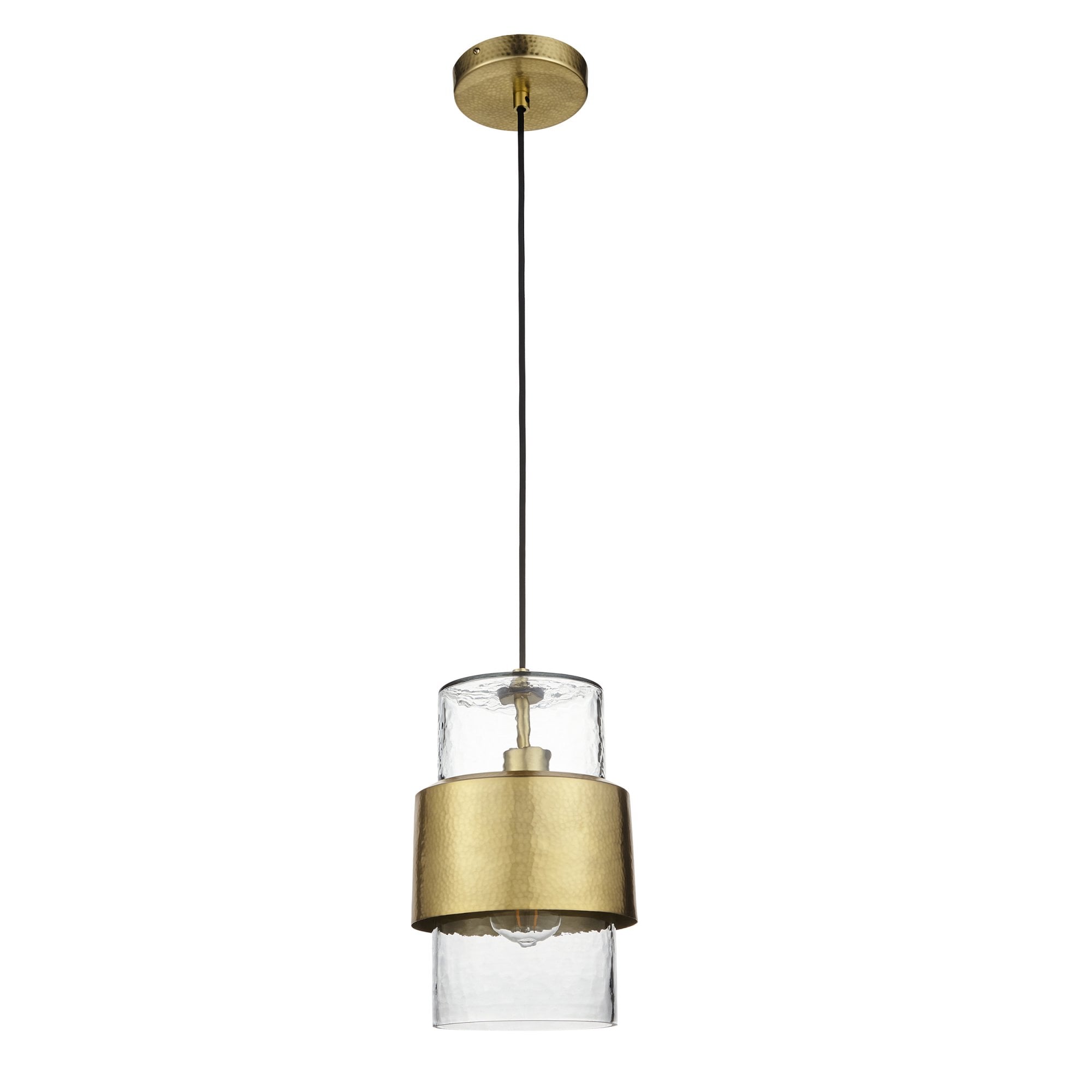 Utopia Swirl Single Pendant - Hammered Brass Plate & Textured Clear Glass