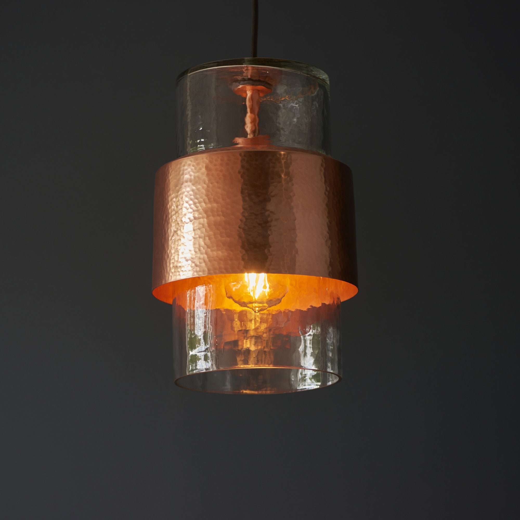 Utopia Swirl Single Pendant - Hammered Copper Plate & Textured Clear Glass