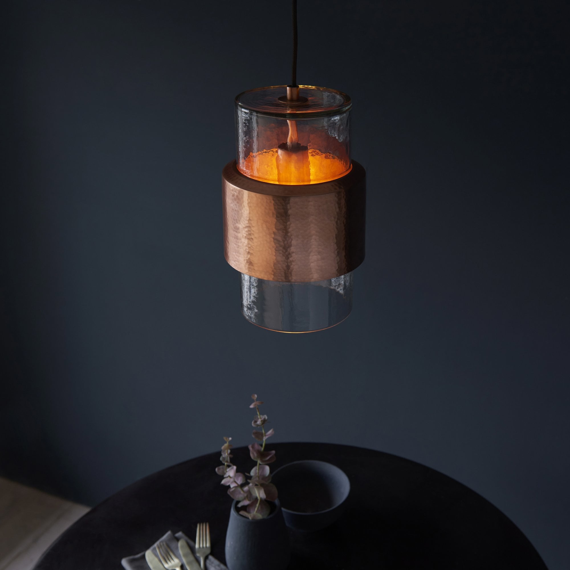Utopia Swirl Single Pendant - Hammered Copper Plate & Textured Clear Glass