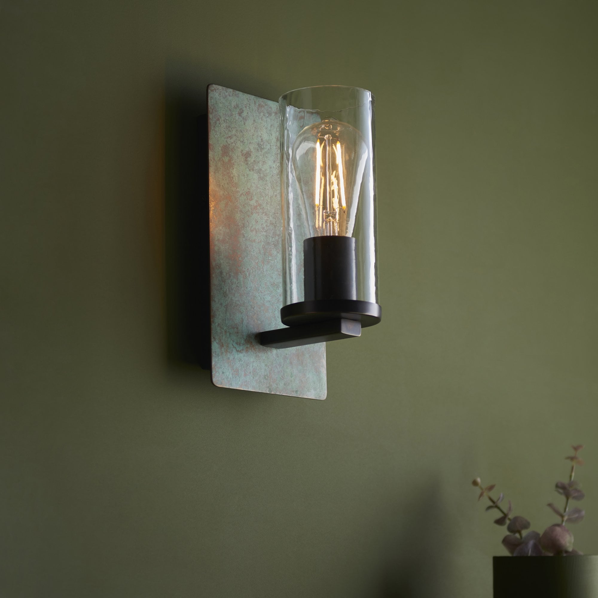 Utopia Swirl Single Wall Light - Verdigris Bronze Plate & Clear Glass