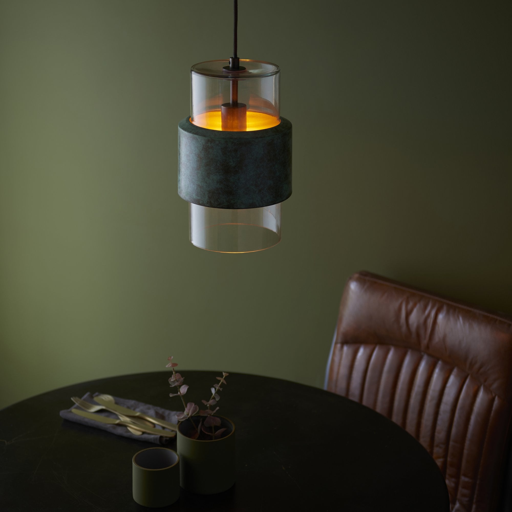 Utopia Swirl Single Pendant - Verdigris Bronze Plate & Clear Glass