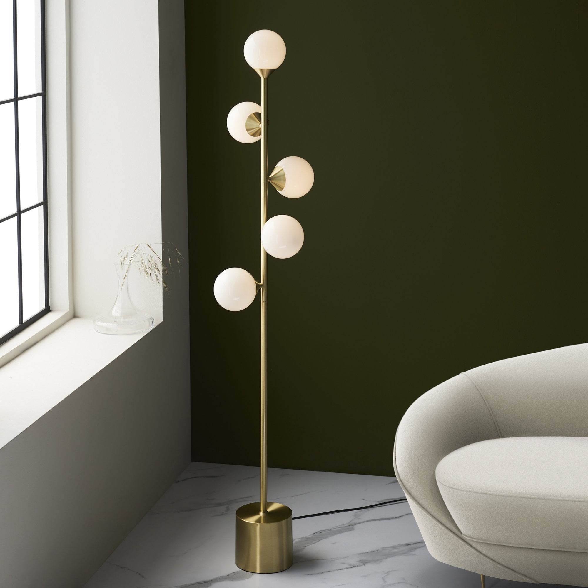 Utopia Lustre Floor Lamp - Satin Brass Plate & Gloss White Glass