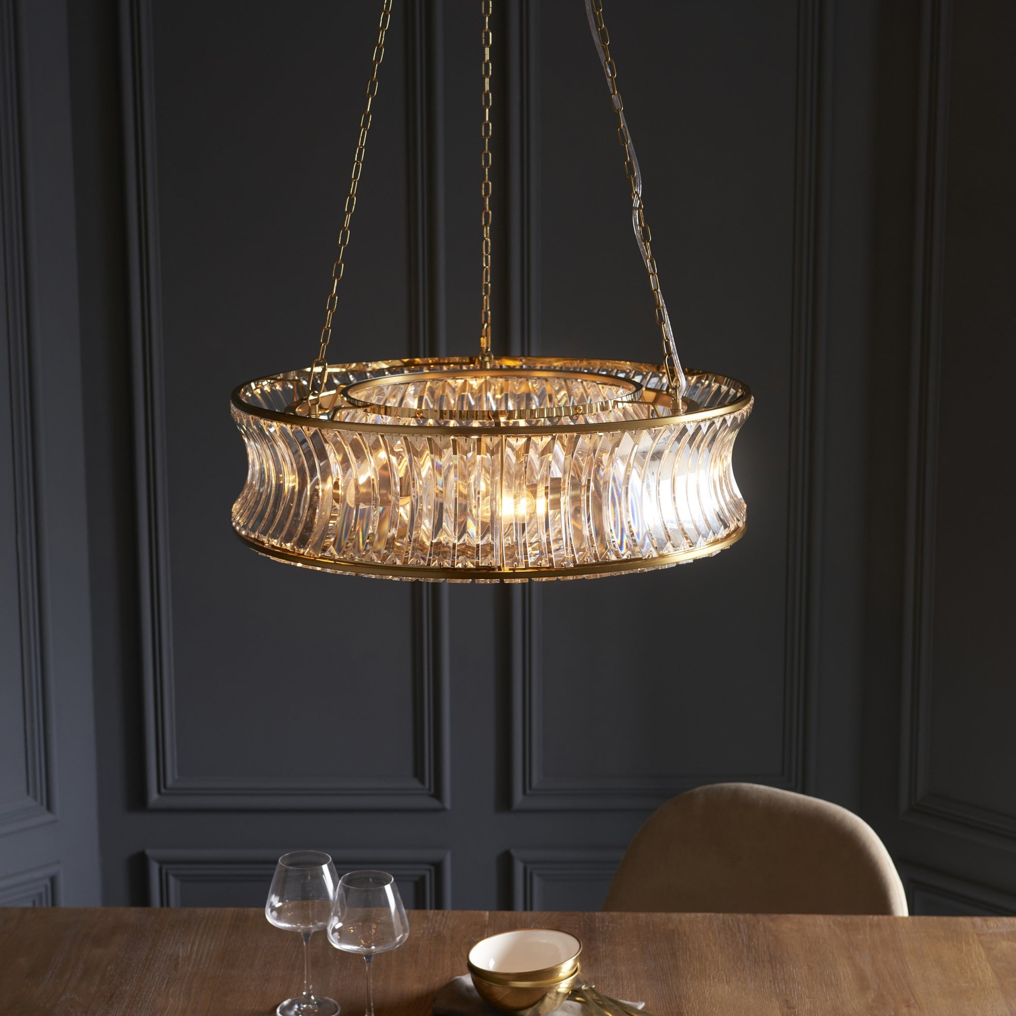 Utopia Bow 6 Light Pendant - Warm Brass Plate with Crystal & Clear Glass