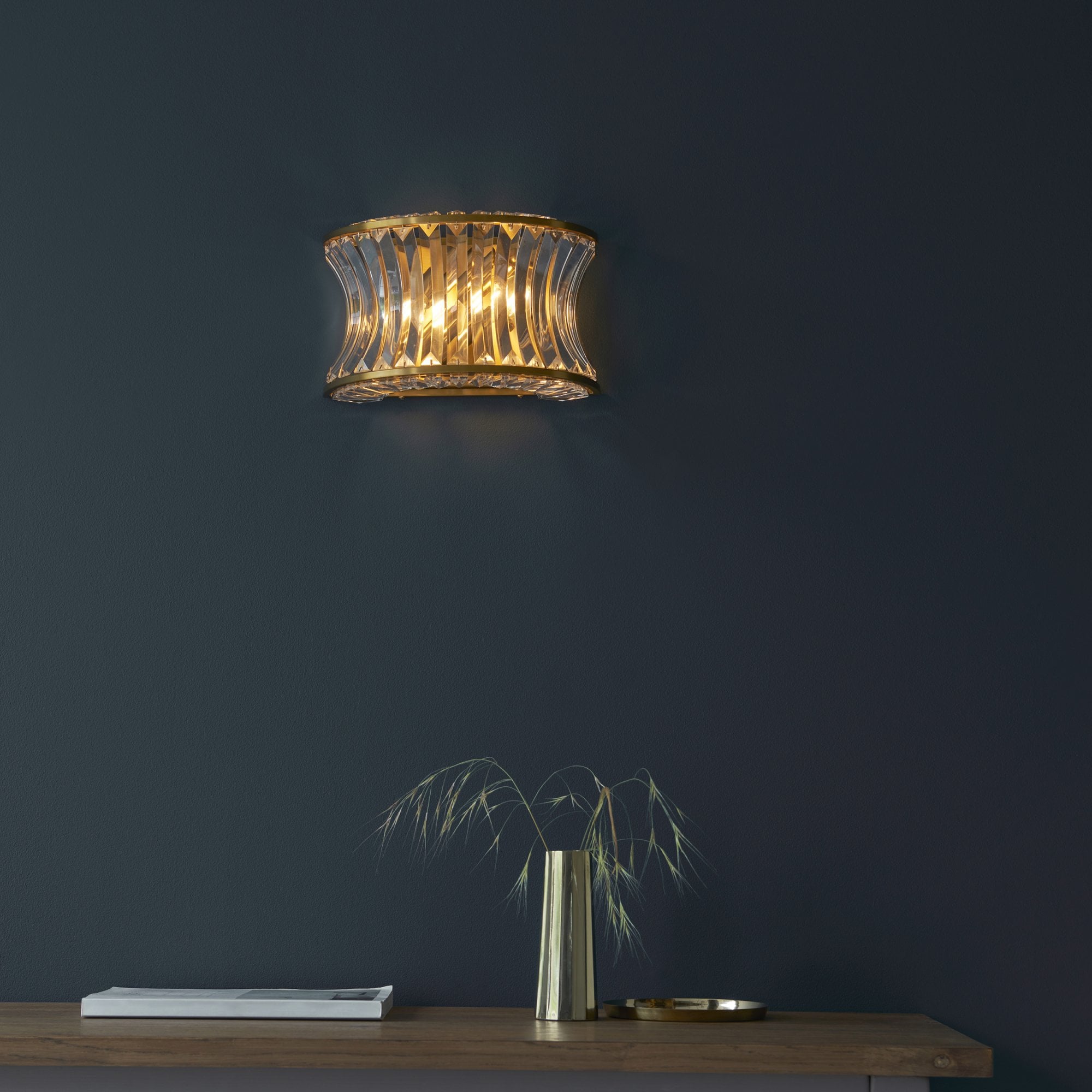 Utopia Bow 2 Light Wall Light - Warm Brass Plate with Crystal & Clear Glass