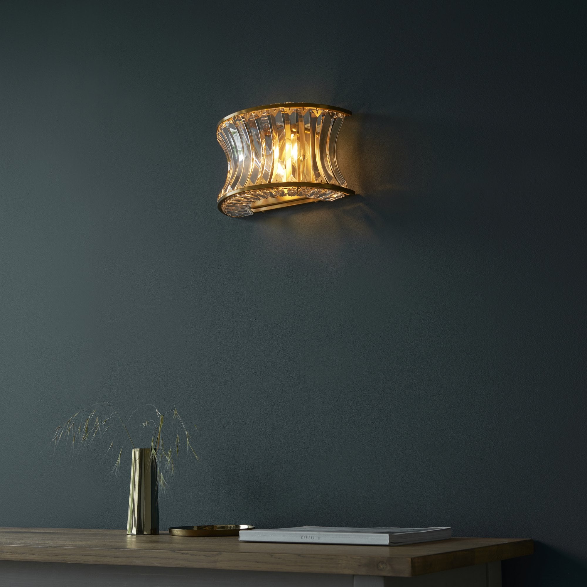 Utopia Bow 2 Light Wall Light - Warm Brass Plate with Crystal & Clear Glass