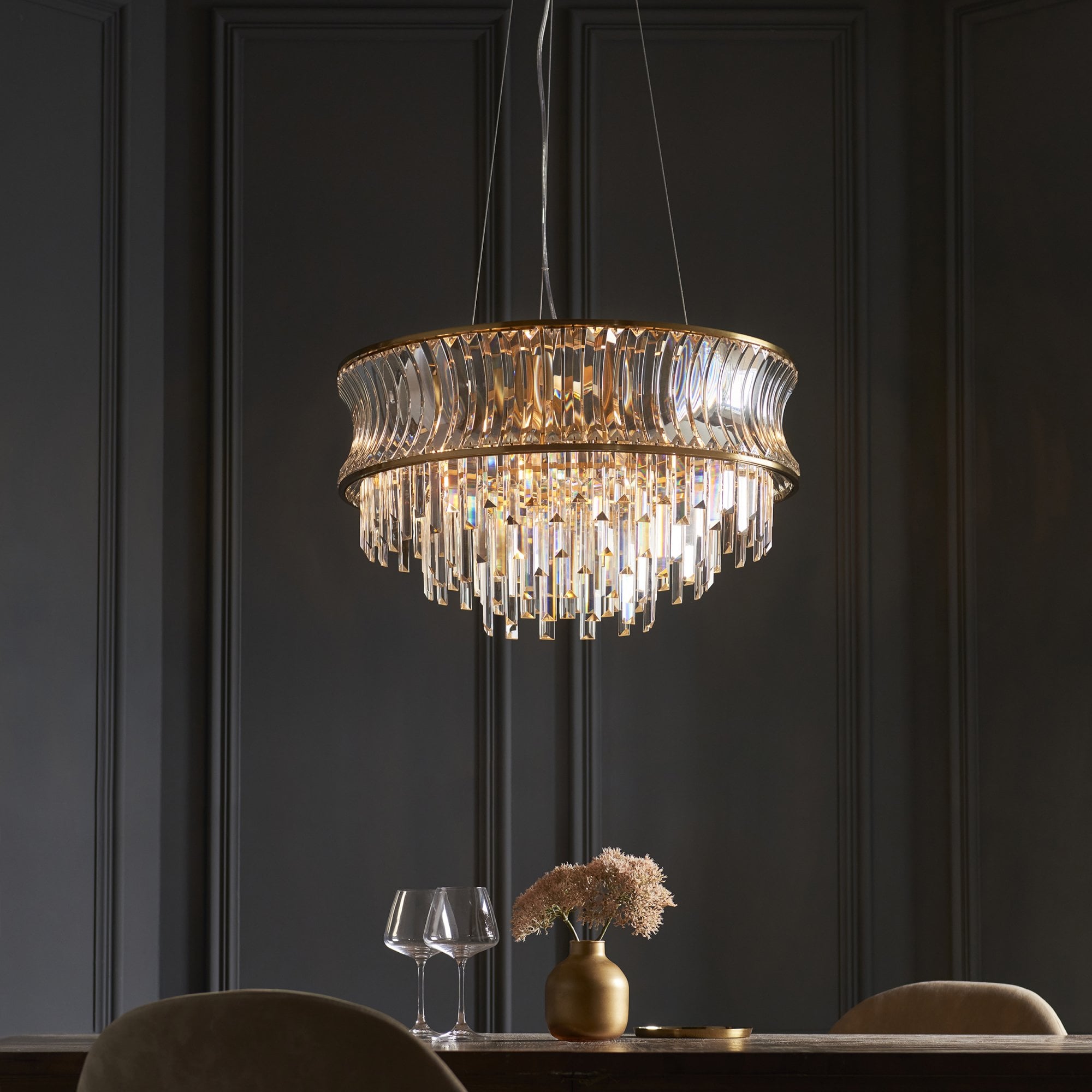 Utopia Bow 9 Light Pendant - Warm Brass Plate with Crystal & Clear Glass