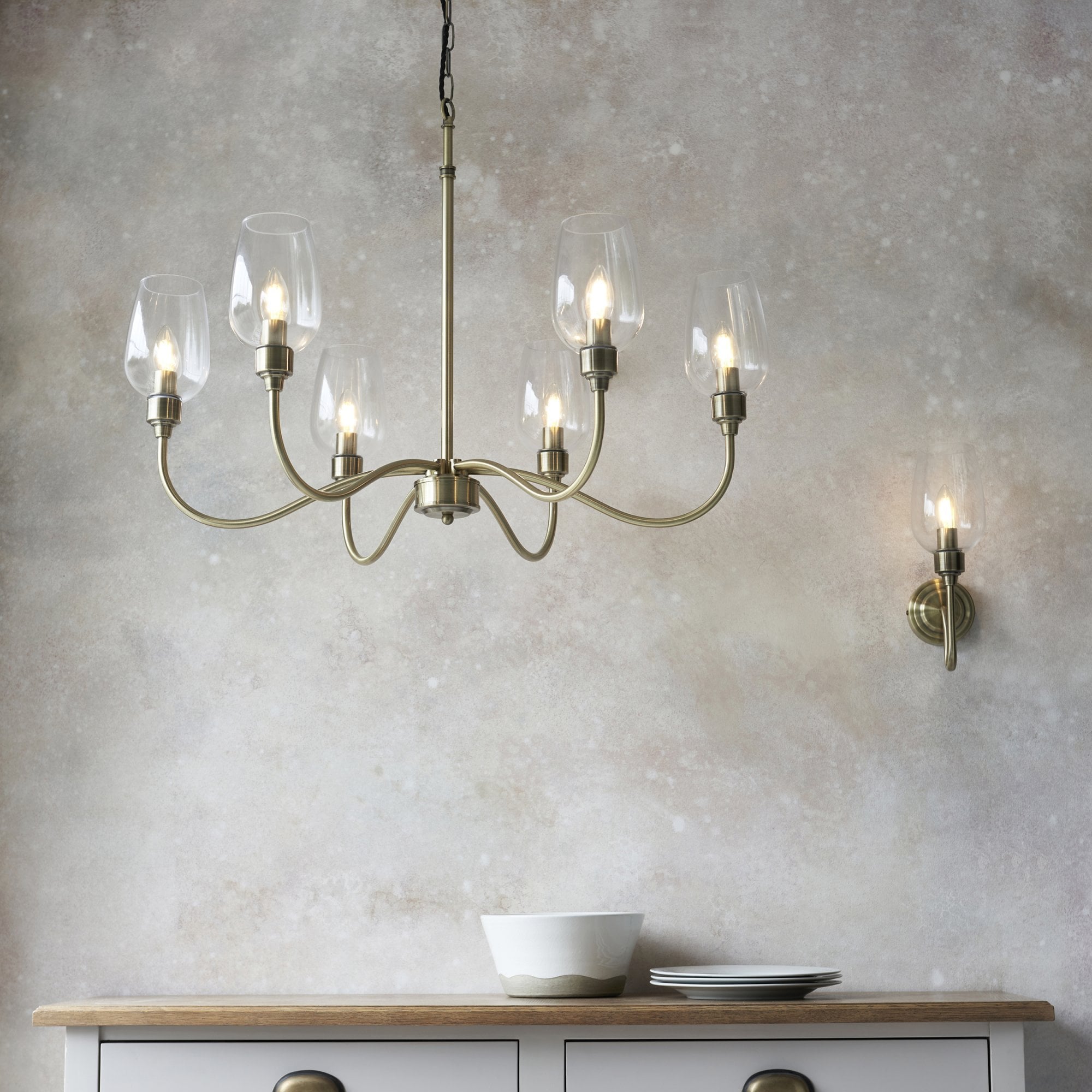 Utopia Walton 6 Light Pendant - Antique Brass Plate & Clear Glass