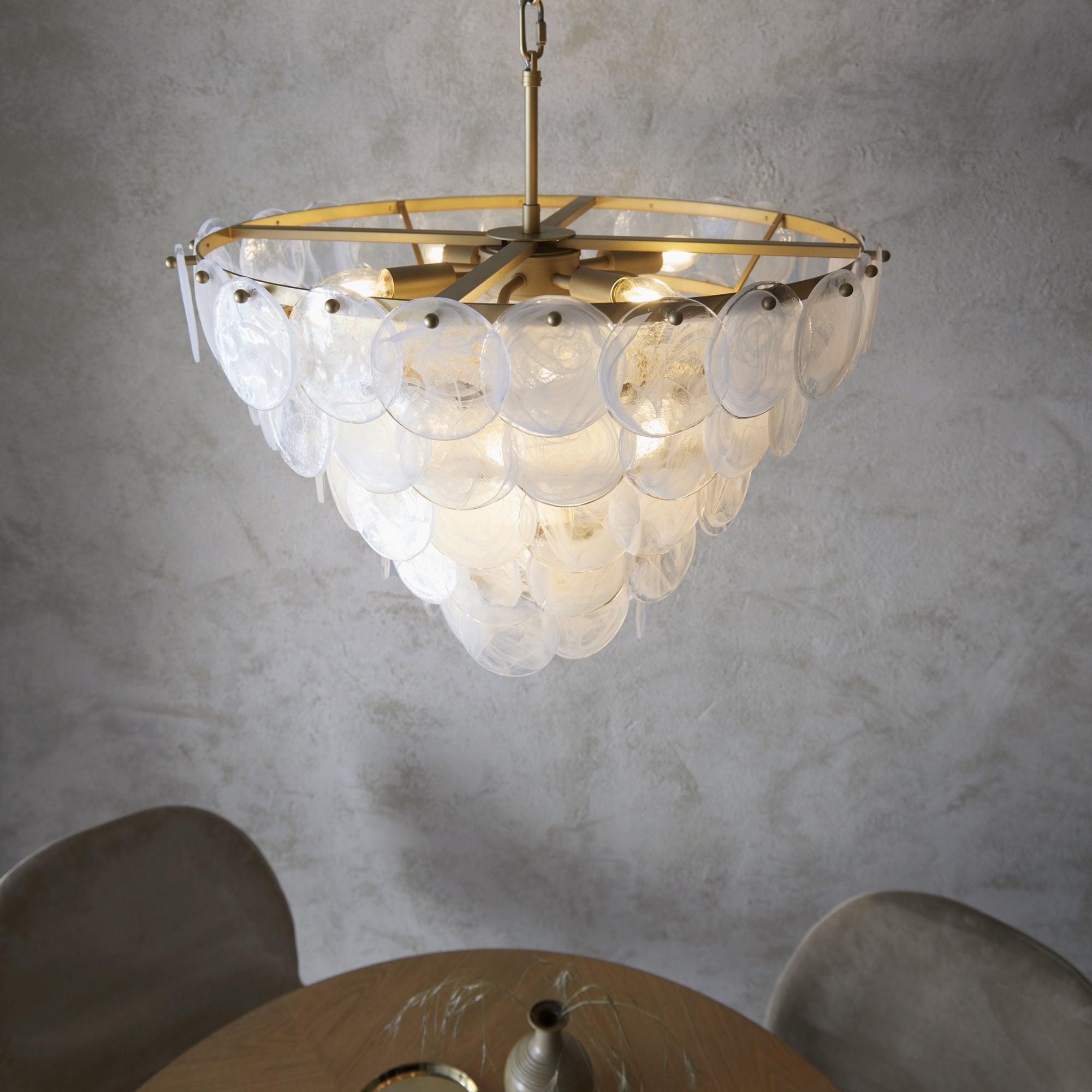 Utopia Scale 9 Light Pendant Chandelier - Antique Gold Paint with White & Clear Glass