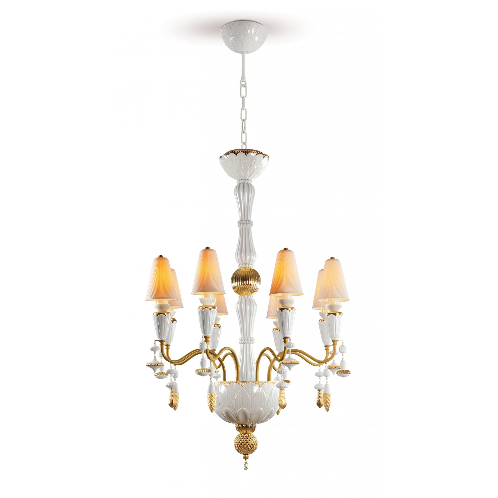Lladro Ivy & Seed 8 Light Chandelier - White & Golden Luster
