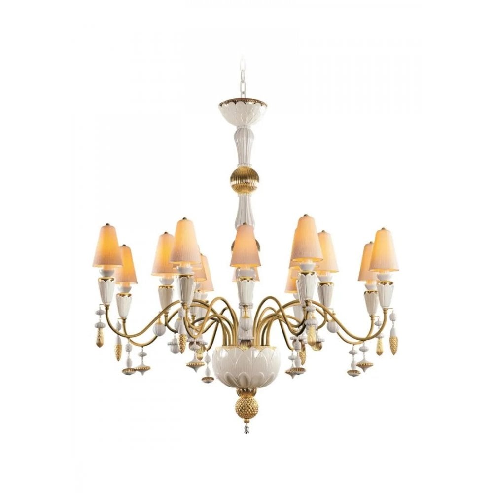 Lladro Ivy & Seed Medium Flat 16 Light Chandelier - White & Golden Luster