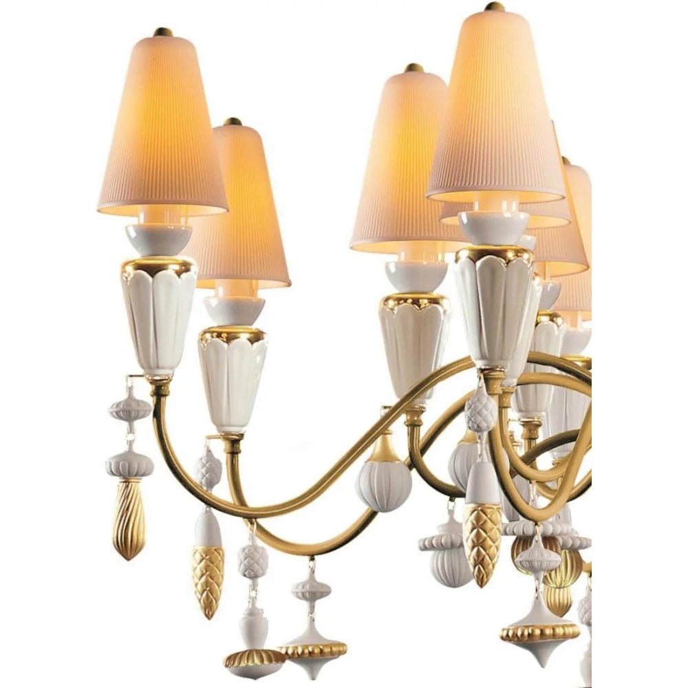 Lladro Ivy & Seed Medium Flat 16 Light Chandelier - White & Golden Luster