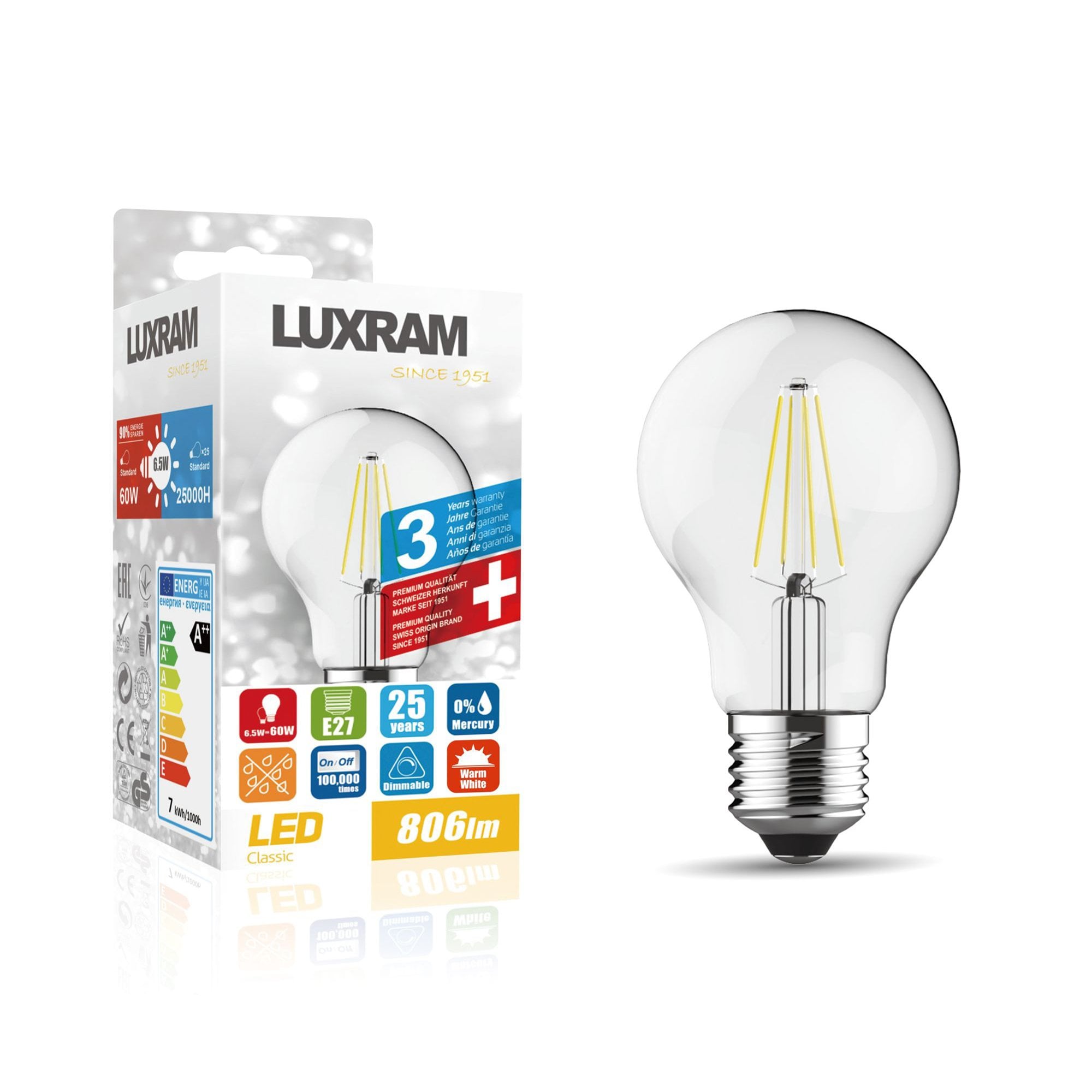 Luxram Value Classic 6.5W LED E27 GLS Warm White - 3000K (Dimmable)