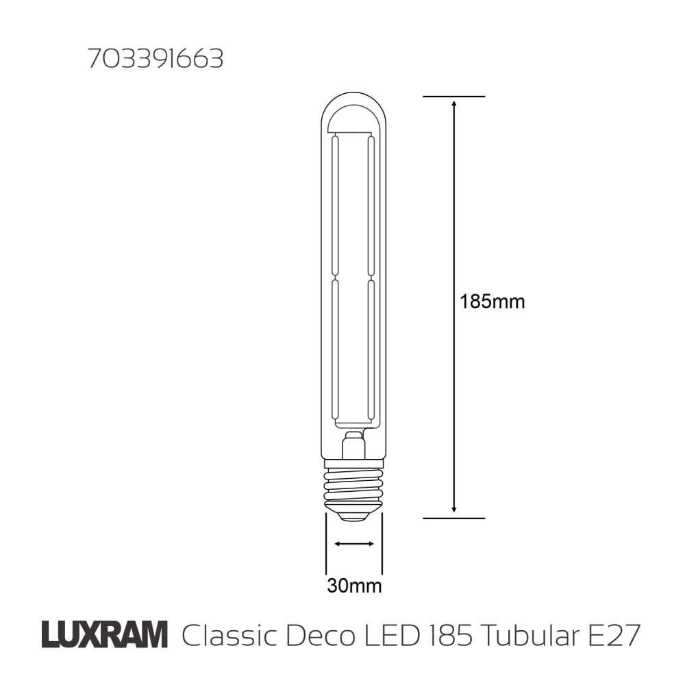 Luxram Classic Deco 4W 185m Tubular E27 LED Warm White - 2700K (Dimmable)