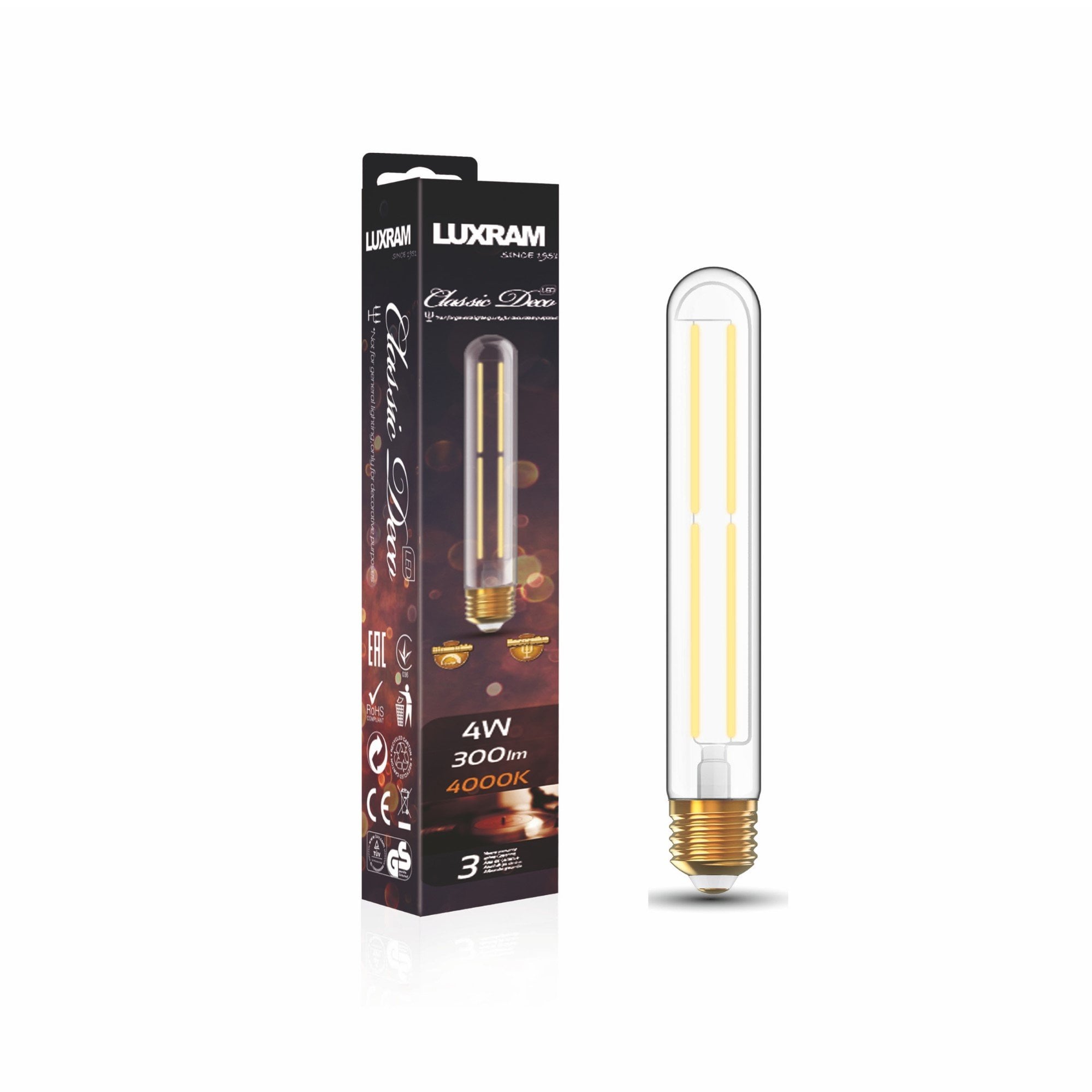 Luxram Classic Deco 4W 185m Tubular E27 LED Natural White - 4000K (Dimmable)