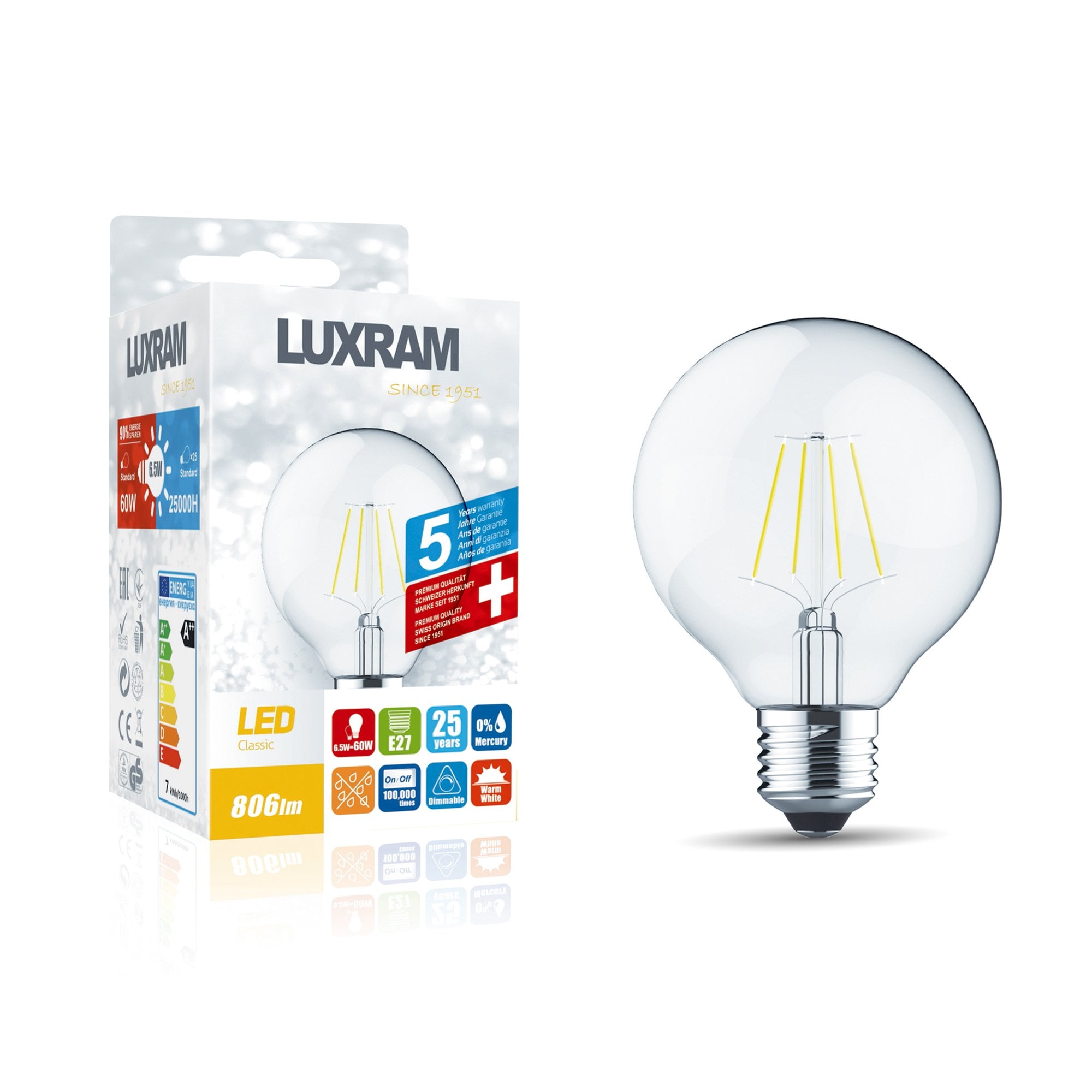 Luxram Classic E27 LED Globe 80mm 6.5W Warm White - 2700K (Dimmable)