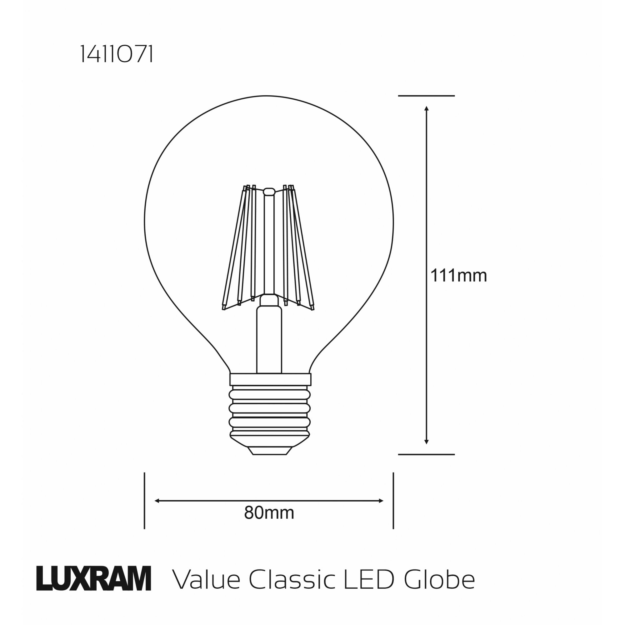 Luxram Classic E27 LED Globe 80mm 6.5W Warm White - 2700K (Dimmable)