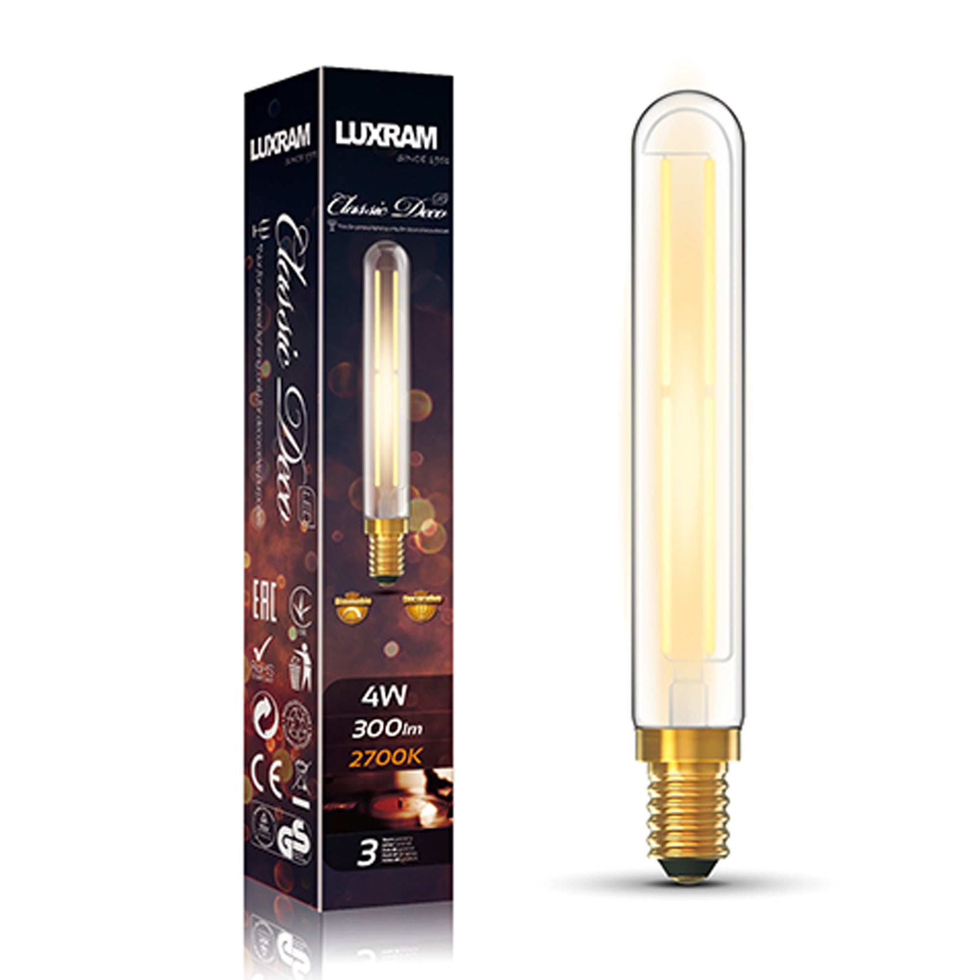 Luxram Classic Deco 4W 185mm Tubular E14 LED Warm White - 2700K (Dimmable)