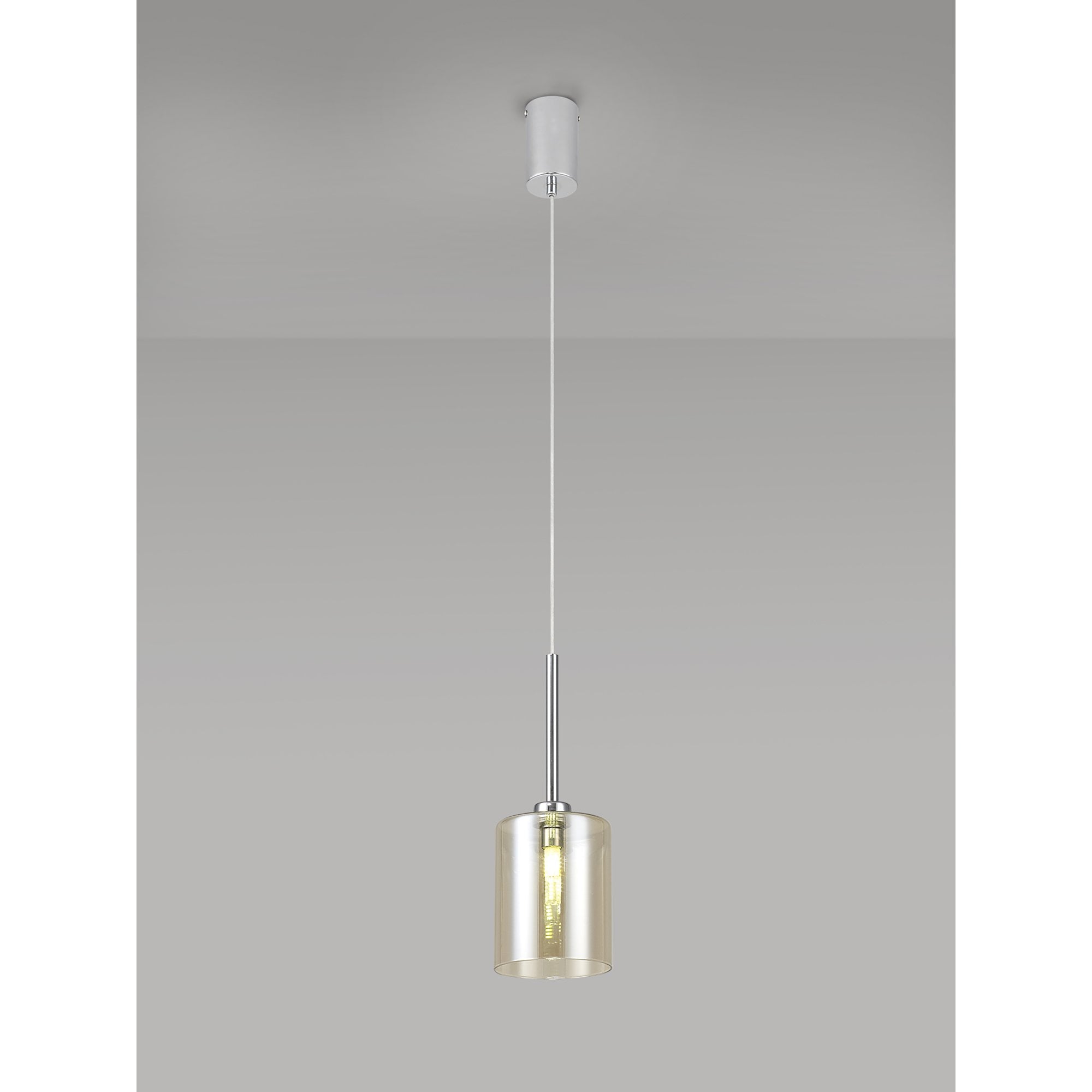 Fabula Tamworth Single Pendant - Medium Cylinder Shade - Polished Chrome & Cognac Glass