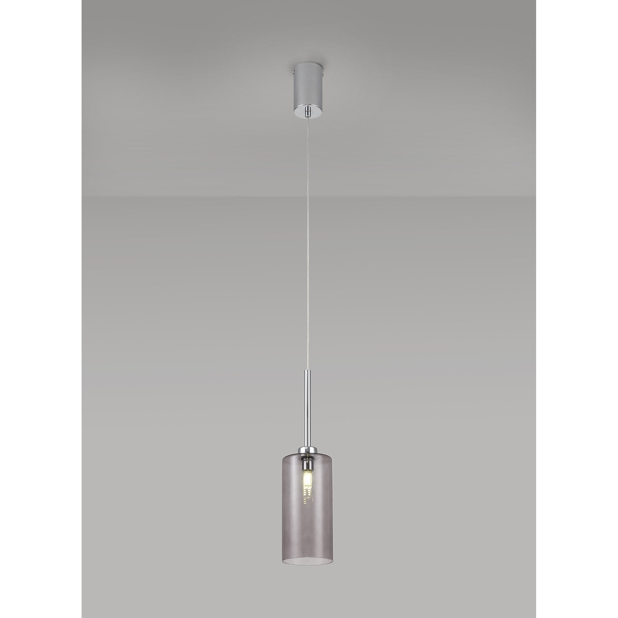 Fabula Tamworth Single Pendant - Tall Cylinder Shade - Polished Chrome & Smoked Glass