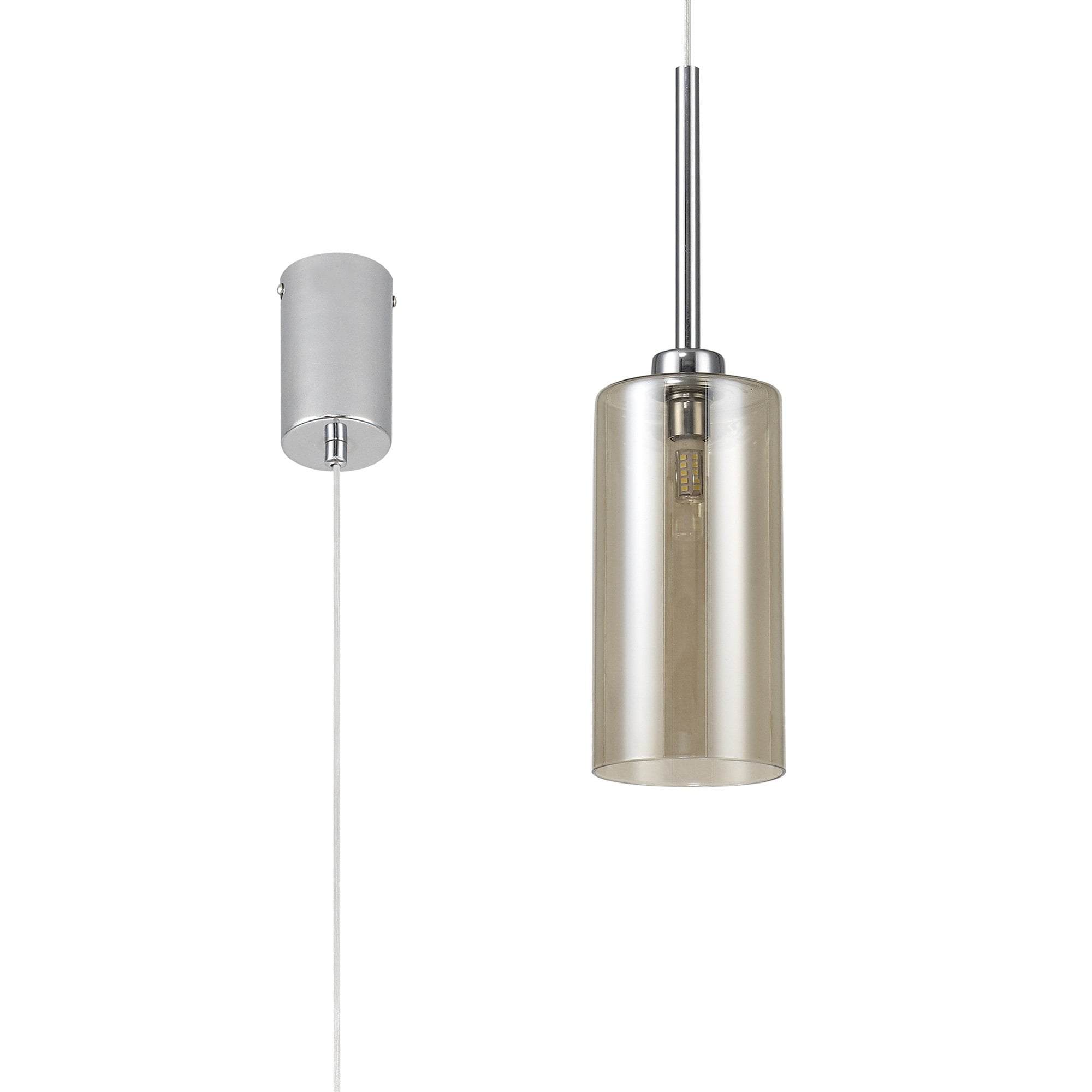 Fabula Tamworth Single Pendant - Tall Cylinder Shade - Polished Chrome & Cognac Glass