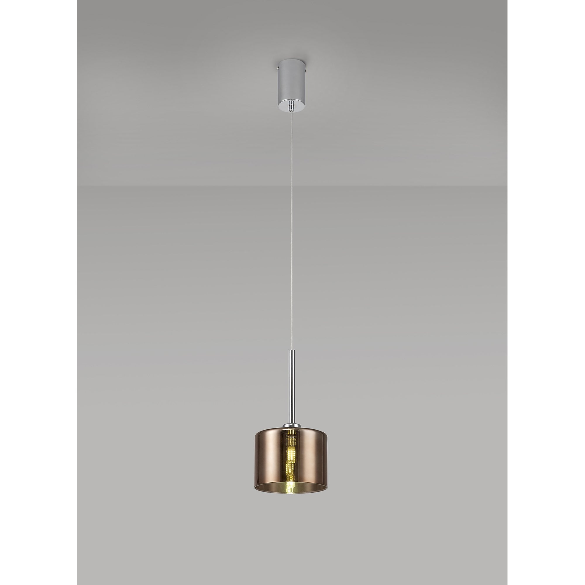 Fabula Tamworth Single Pendant - Short Cylinder Shade - Polished Chrome & Copper Glass