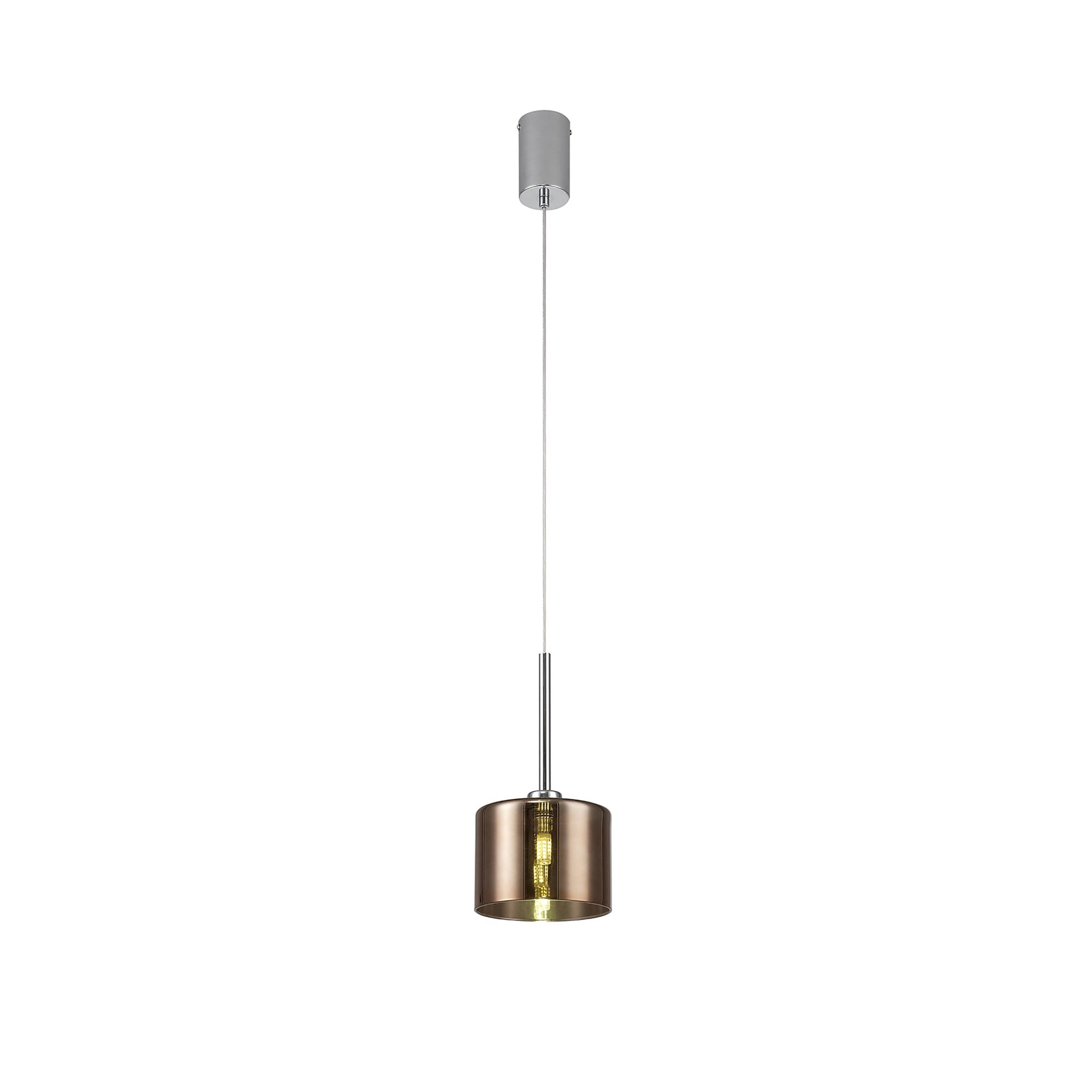 Fabula Tamworth Single Pendant - Short Cylinder Shade - Polished Chrome & Copper Glass