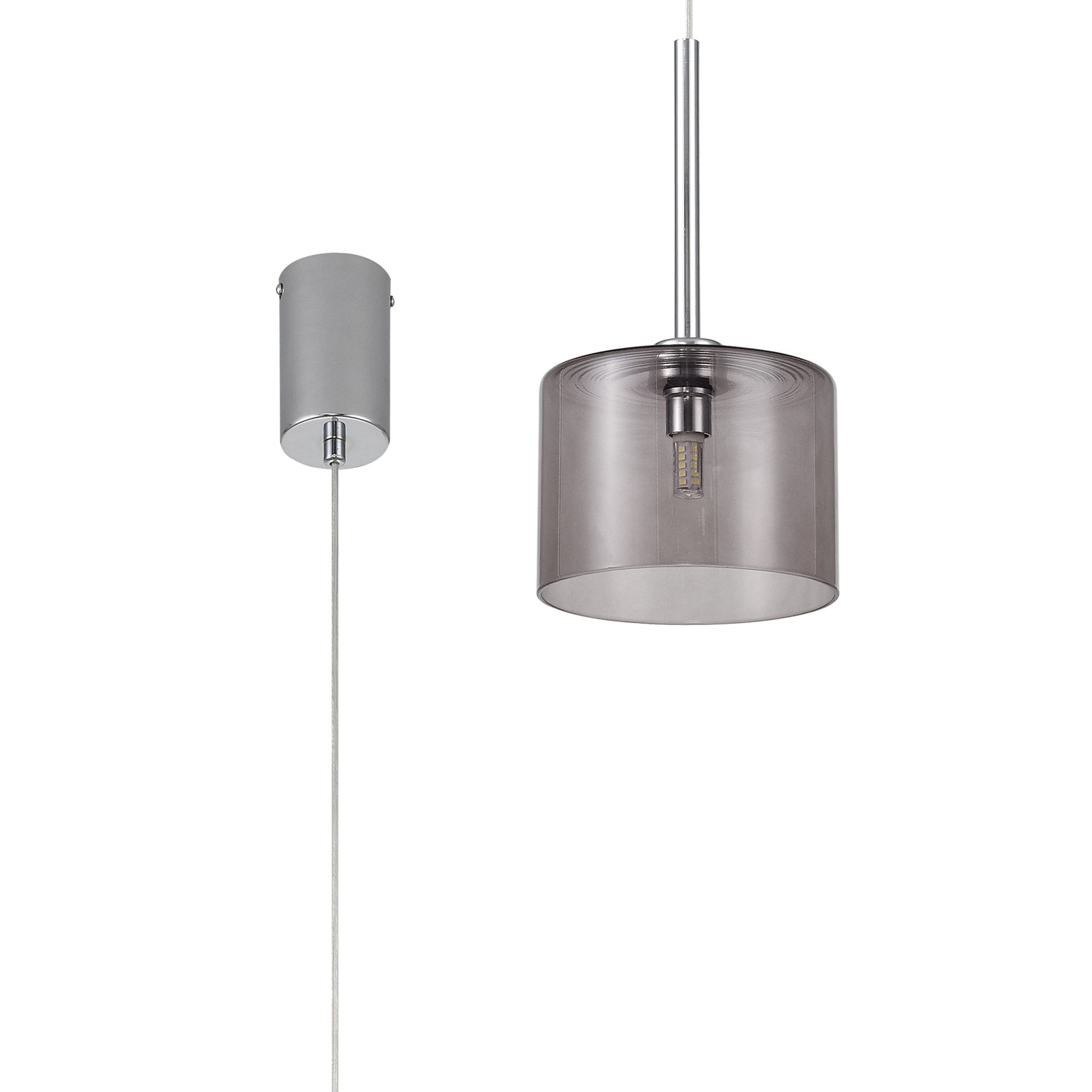 Fabula Tamworth Single Pendant - Short Cylinder Shade - Polished Chrome & Smoked Glass